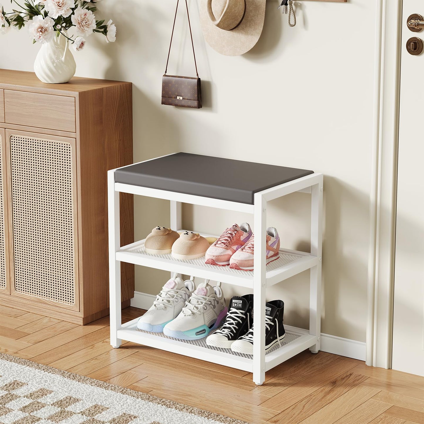 ZHOOGE Shoe Bench Shoe Rack Storage Bench Entryway Bench Shoe Shelf with Seat Cushion, Stable Shoe Organizer for Entryway, Living Room