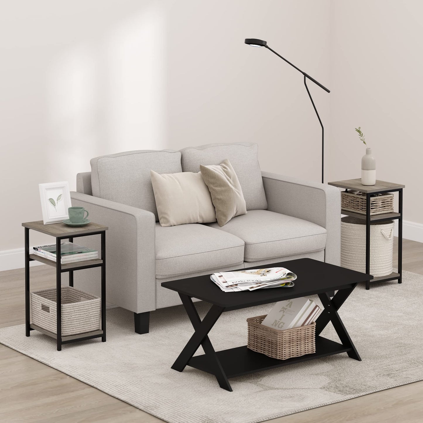 Furinno JUST Side Table Set of 2, 3-Tier Modern Metal Frame End Table with Open Shelf, Night Stand, Bedside Table, Easy Assembly,for Living Room