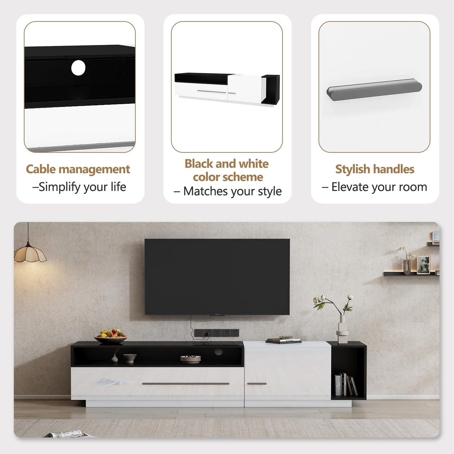 Ball & Cast Modern TV Cabinet with 1 Door, 1 Drawer and 2 Closed Storage Spaces, High Gloss TV Stand for TV up to 70 Inch, 170x38x42cm