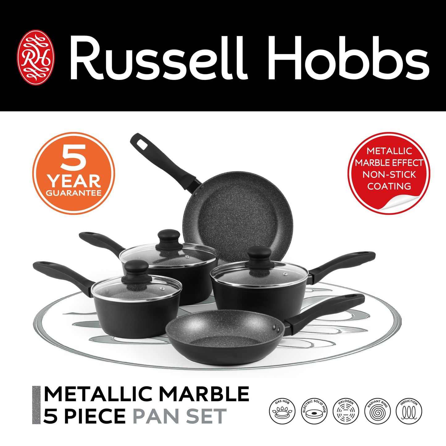 Russell Hobbs RH02814EU7 Metallic Marble Cooking Pan Set - Non-Stick 5 Piece Kitchen Cookware, 20/24cm Frying Pans, 16/18/20cm Saucepans, Tempered