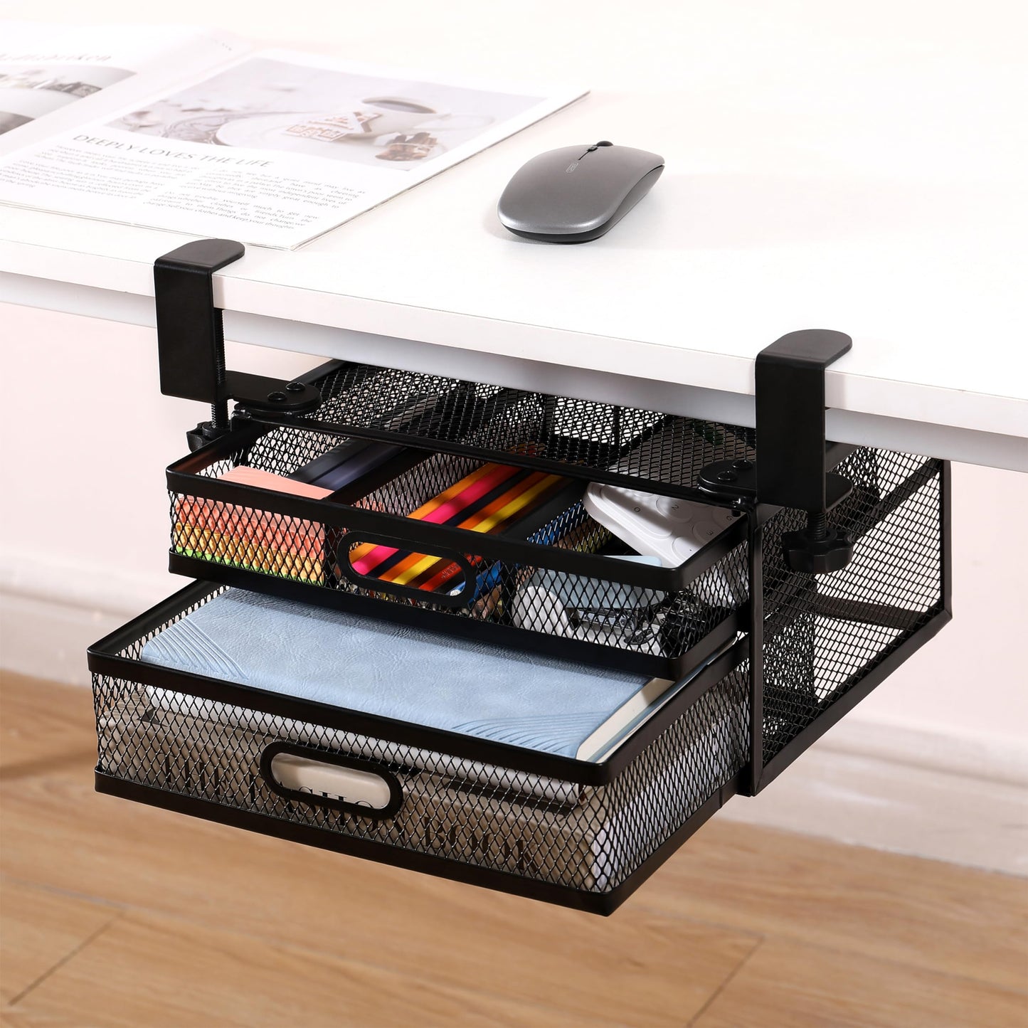 ROLIZOE Clamp On Under Desk Drawers 2 Large Capacity Mesh Metal Drawers Slide Out Under Desk Storage No Drill Under Desk Drawer Organiser Anti-Slip