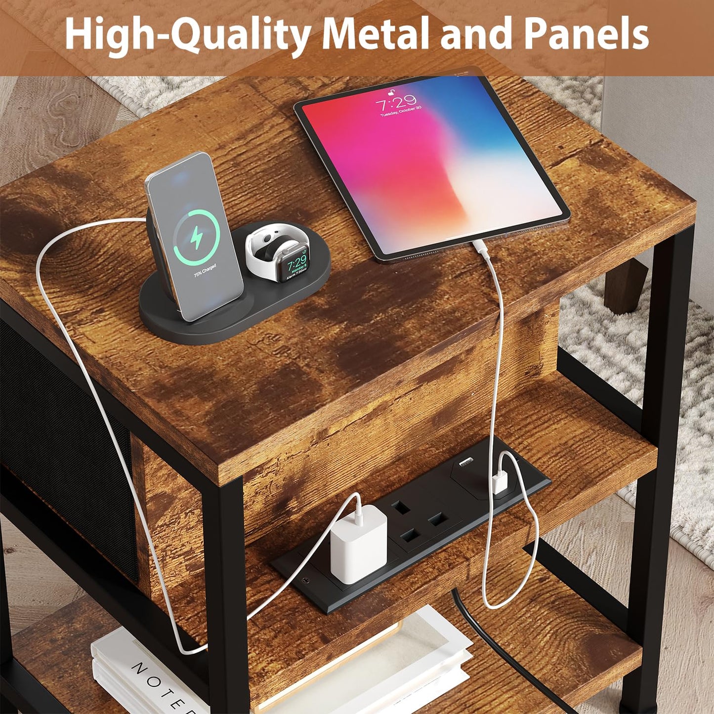 Feonase Slim Side Table with Charging Station, Narrow Bedside Table with Fabric Drawer & Storage, End Table for Living Room Bedroom Small Space