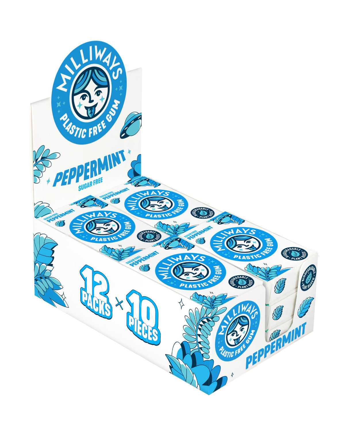Milliways Peppermint Chewing Gum, Plastic Free, Sugar Free, Aspartame Free, Natural | 12 Packs of 10 Pieces (120 Pieces Total) | Xylitol, Plant-Based,