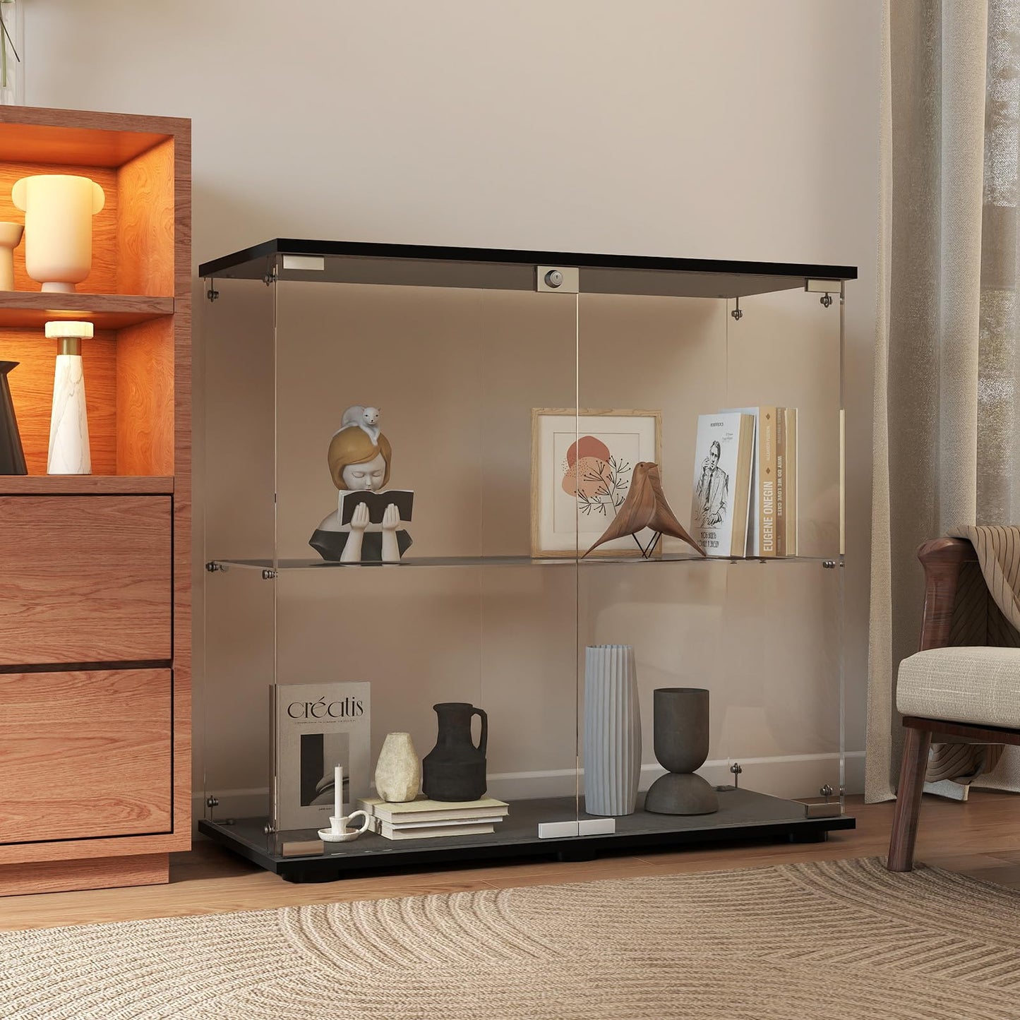 Beauty4U 2-Shelf Double Door Glass Display Cabinet, 83cm Tall, Black