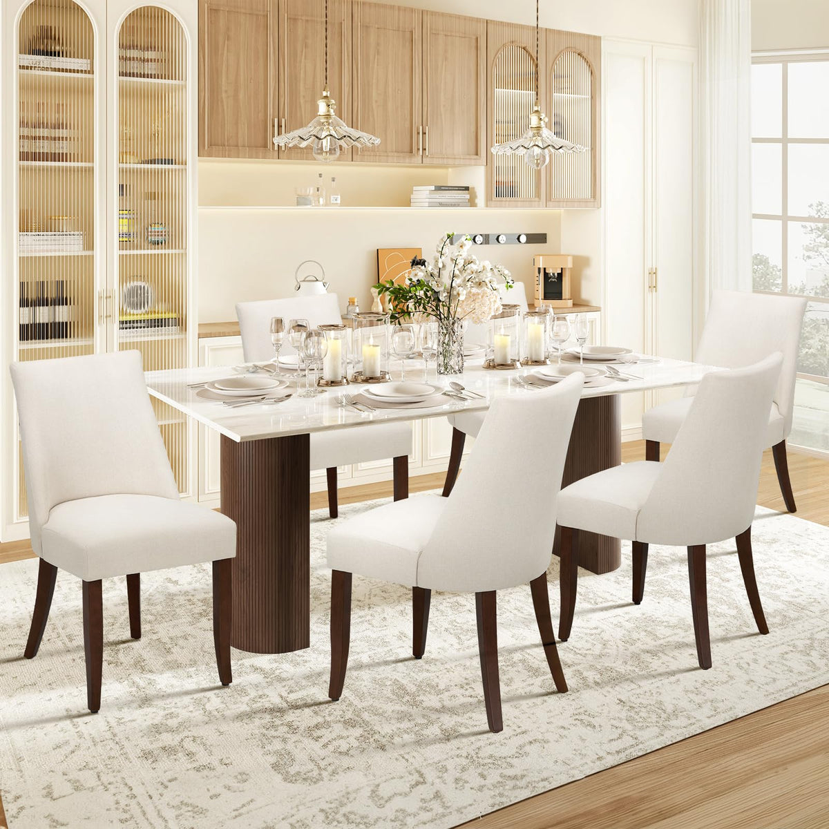 COLAMY Upholstered Dining Chairs Set of 6, Linen Fabric Parsons Dining Room Chairs with Curved Backrest, Solid Rubber Wood Legs