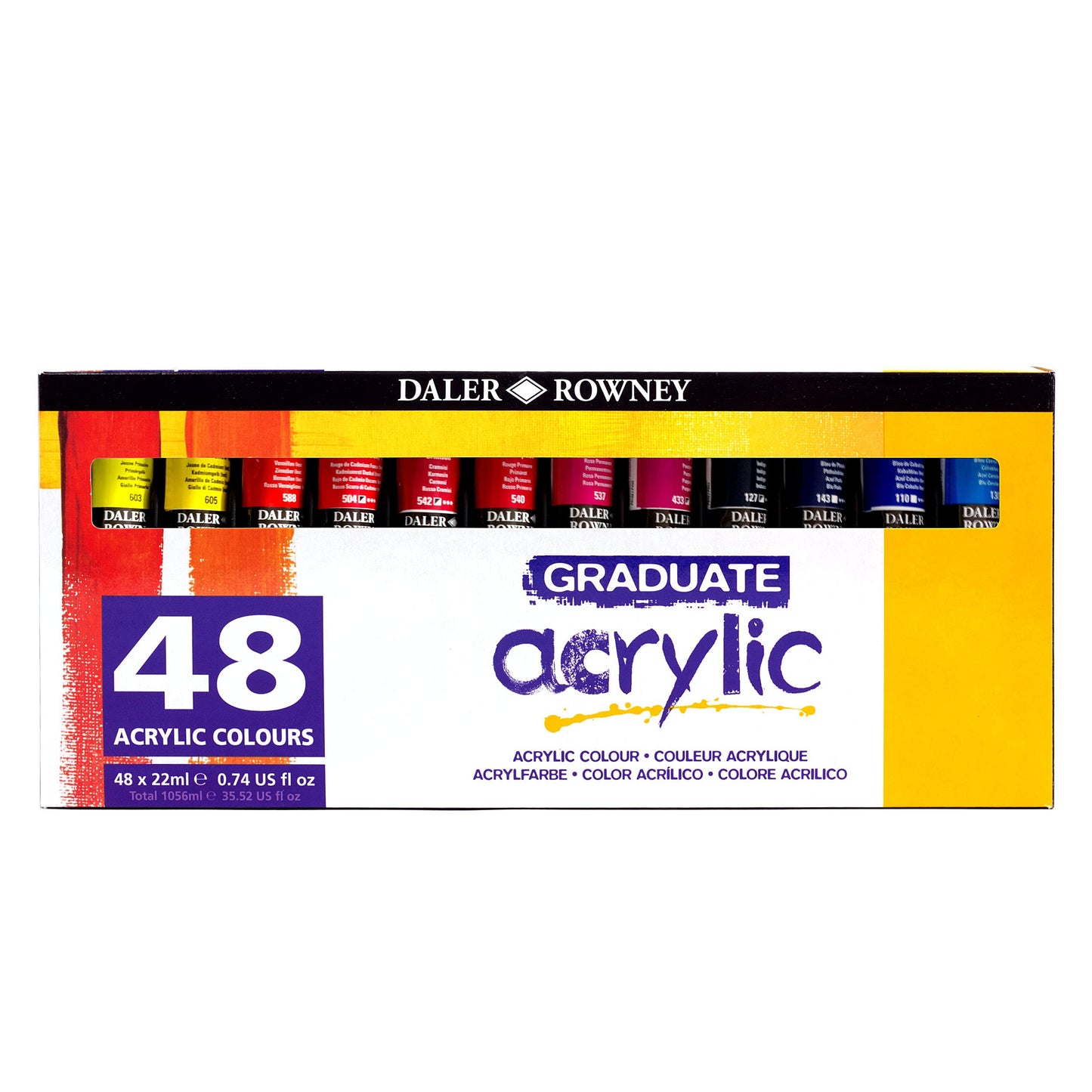 Daler-Rowney Graduate 22ml Acrylic Paint Set, 48 Assorted Colours, High Lightfastness, Water-Based, Solvent-Free, Ideal for Student Artists &