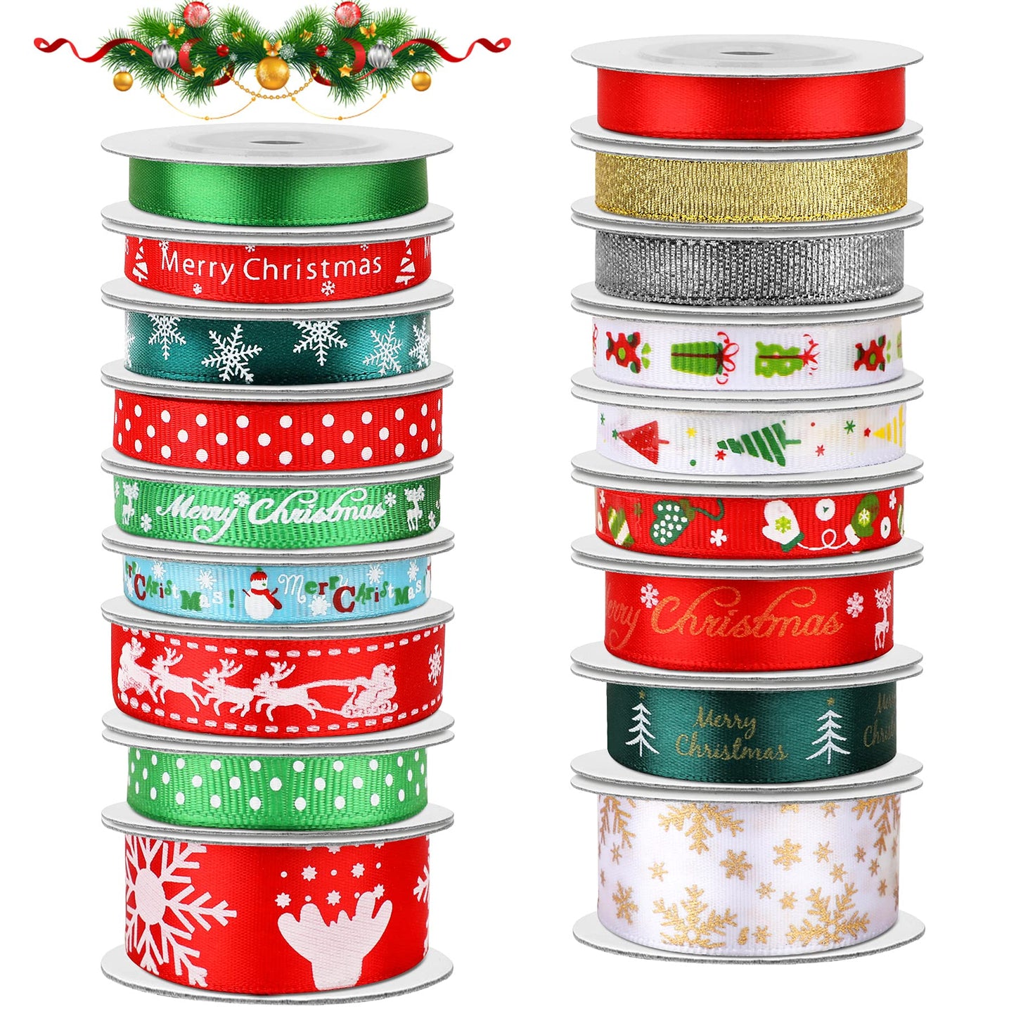 SANNIX 18 Rolls 90 Yards Christmas Ribbons Holiday Printed Grosgrain Satin Ribbon Metallic Glitter Craft Fabric for Xmas Gift Wrapping Decoration, 3
