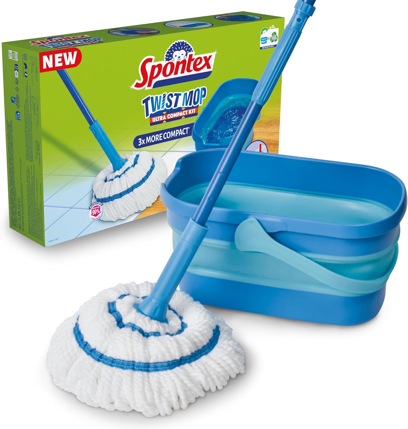 Spontex Ultra Compact Twist Mop and Bucket Set, 10L Foldable Bucket. New but open scruffy box.