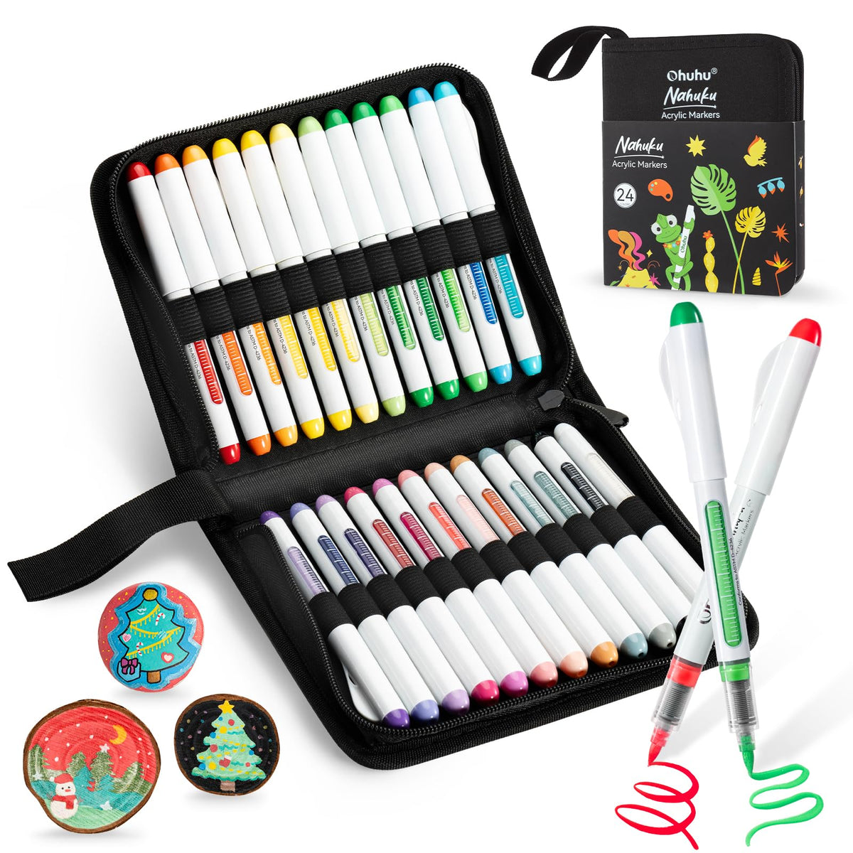Ohuhu Acrylic Paint Pens, 1.5MM Brush Tips Acrylic Markers 24 Colours High Opacity Waterproof Lightfast Acrylic Pens for Colouring Rock Painting Cards