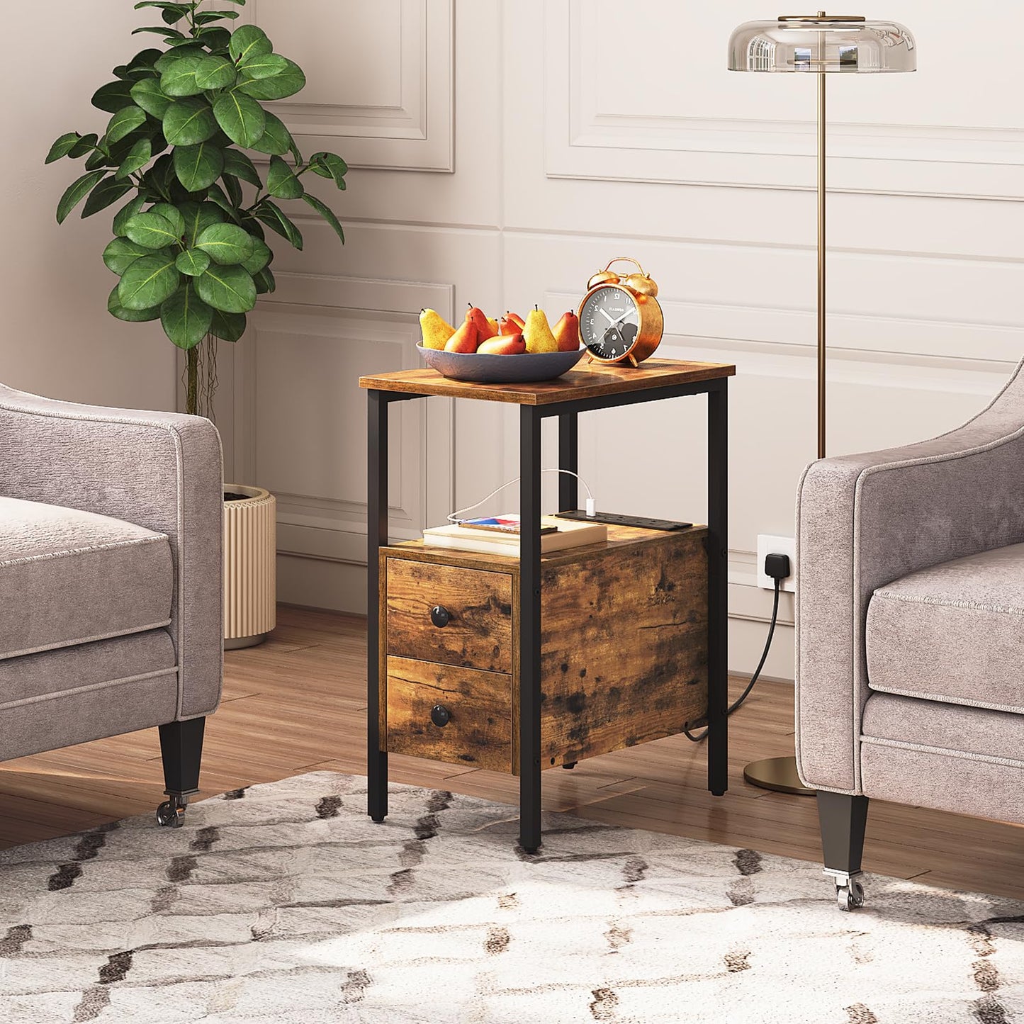 HOOBRO Side Table, Narrow Bedside Table with Charging Station, USB Ports and Power Outlets, Slim Side Table for Small Spaces, 2 Drawers, Industrial