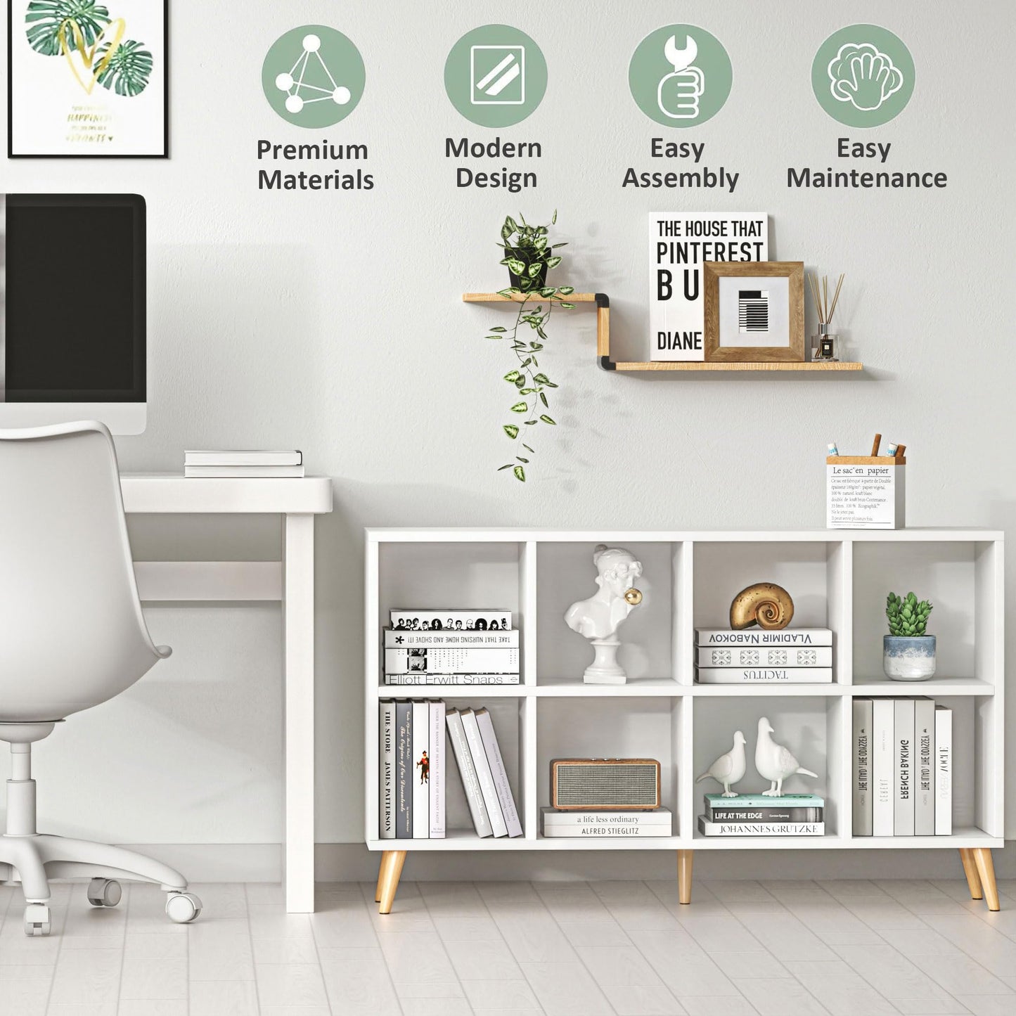 Flrrtenv 8-Cube Bookshelf 2 Tier Modern Bookcase with Legs, 120cm Wood Bookshelves Storage Organizer Shelf