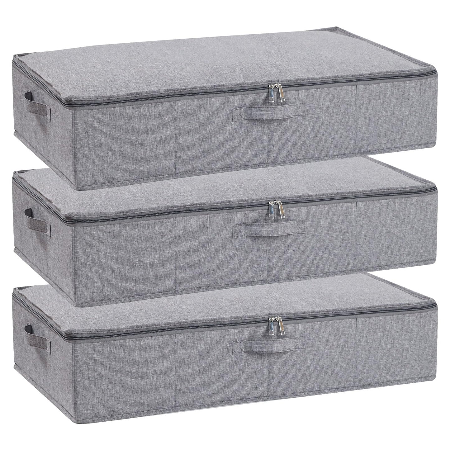 YheenLf Under Bed Storage Box with Lid, Foldable Wardrobe Organiser with Reinforced Handles for Blanket, Sheets, Clothing, Shoes, Grey, 3-Pack,
