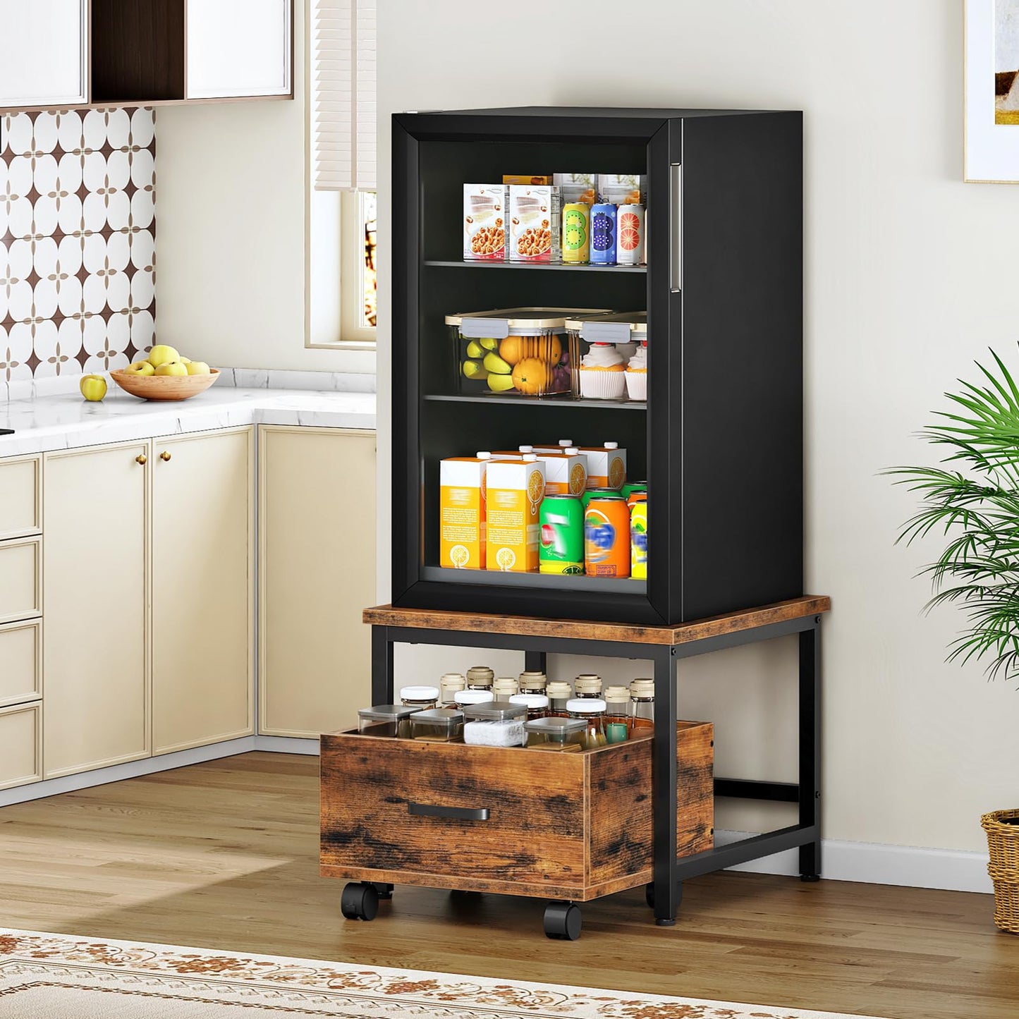 HOOBRO Mini Fridge Stand with Movable Storage Drawer