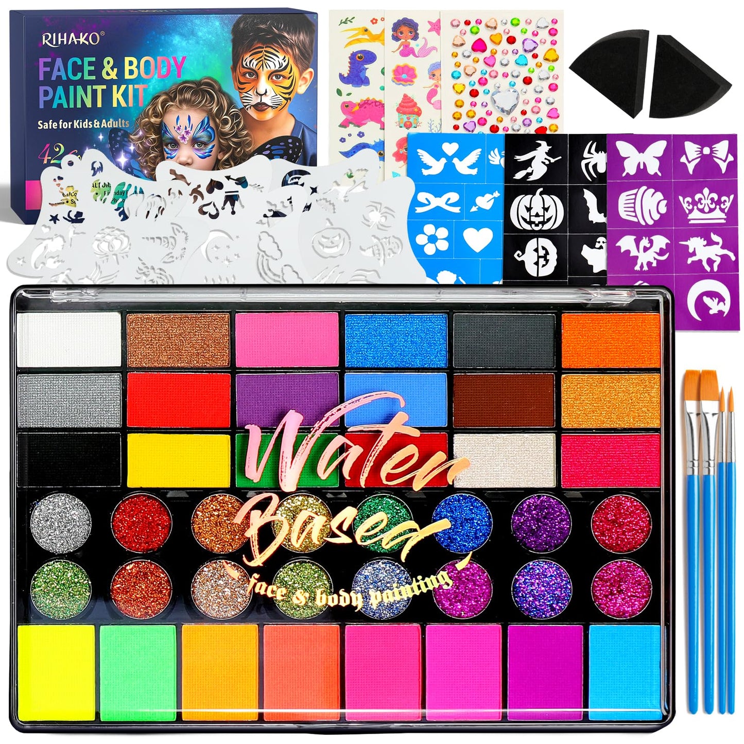 Face Painting Kit for Kids, 42 Colors Professional Face Paint Kit, Body Paint Set with Stencils, Brush, Gems, for Carnival, Halloween, Costume Makeup,
