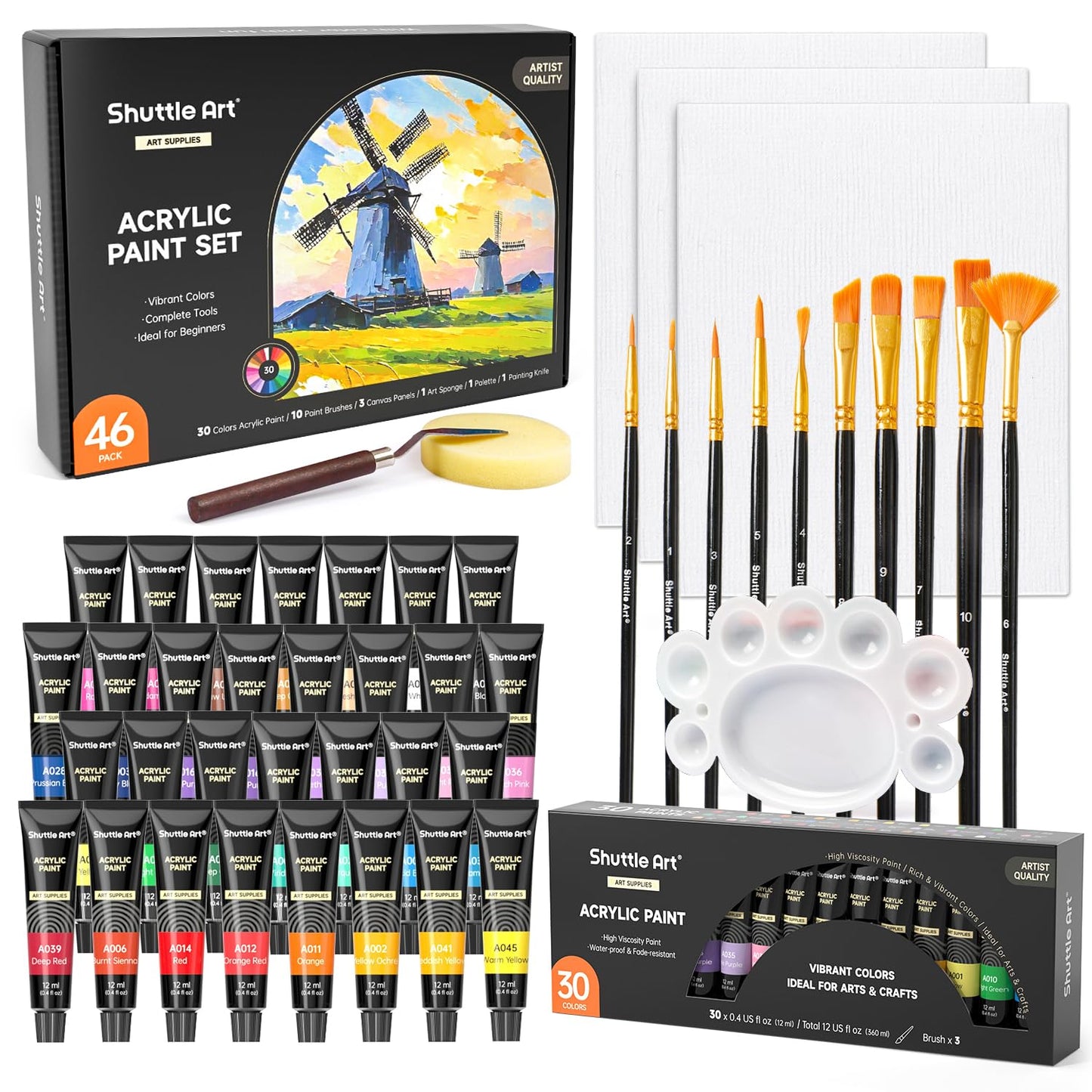 Shuttle Art 46 Pack Acrylic Paints Set, 30 Colours Acrylic Paint with 10 Brushes, 3 Blank Canvas,1 Palette, 1 Sponge, Complete Craft Paint for Canvas