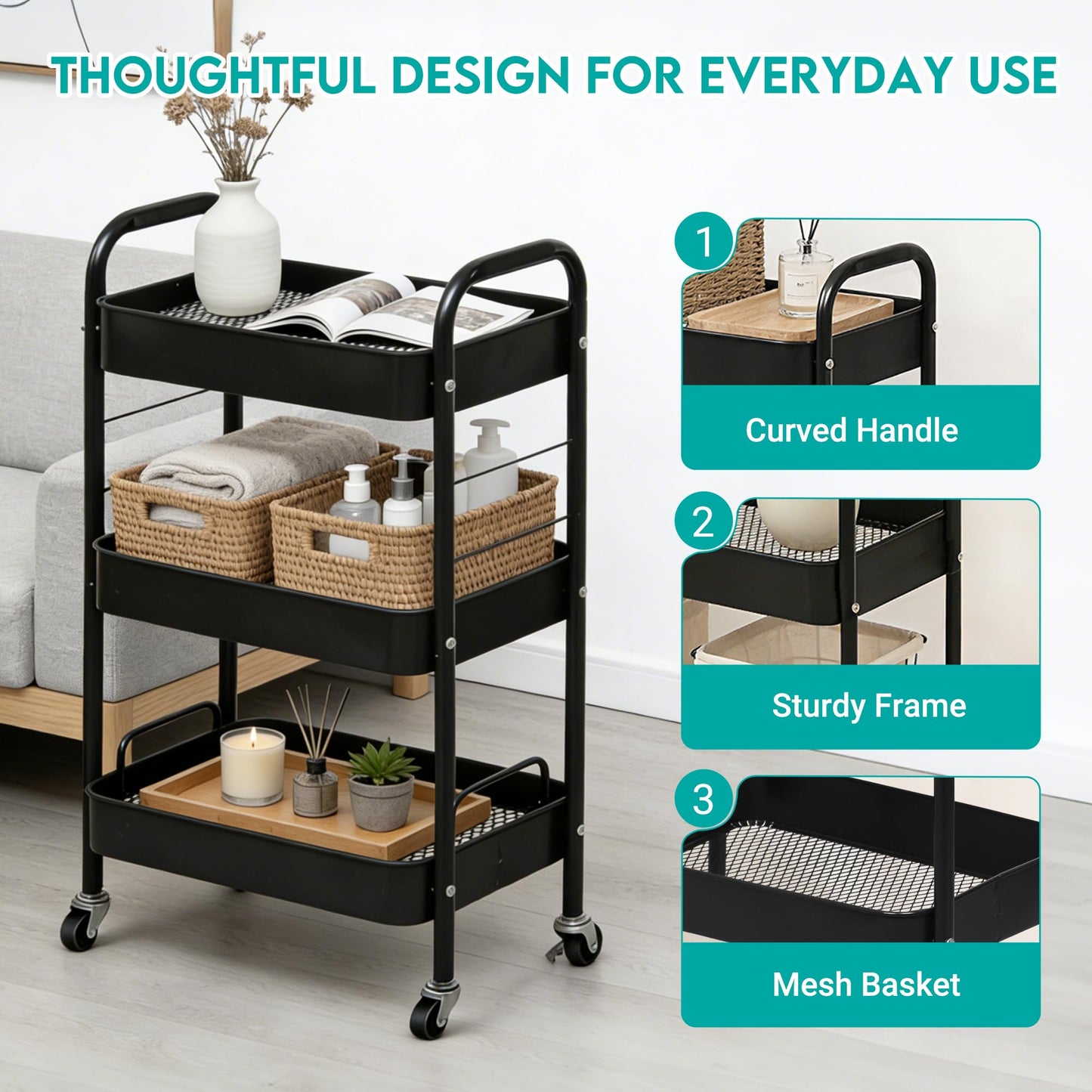 ZOESTORAGE 3 Tier Trolley Cart,Metal Storage Trolley on Wheels for Bathroom,Kitchen,Laundry,Bedroom and Storage Cart for Book,Snack,Black