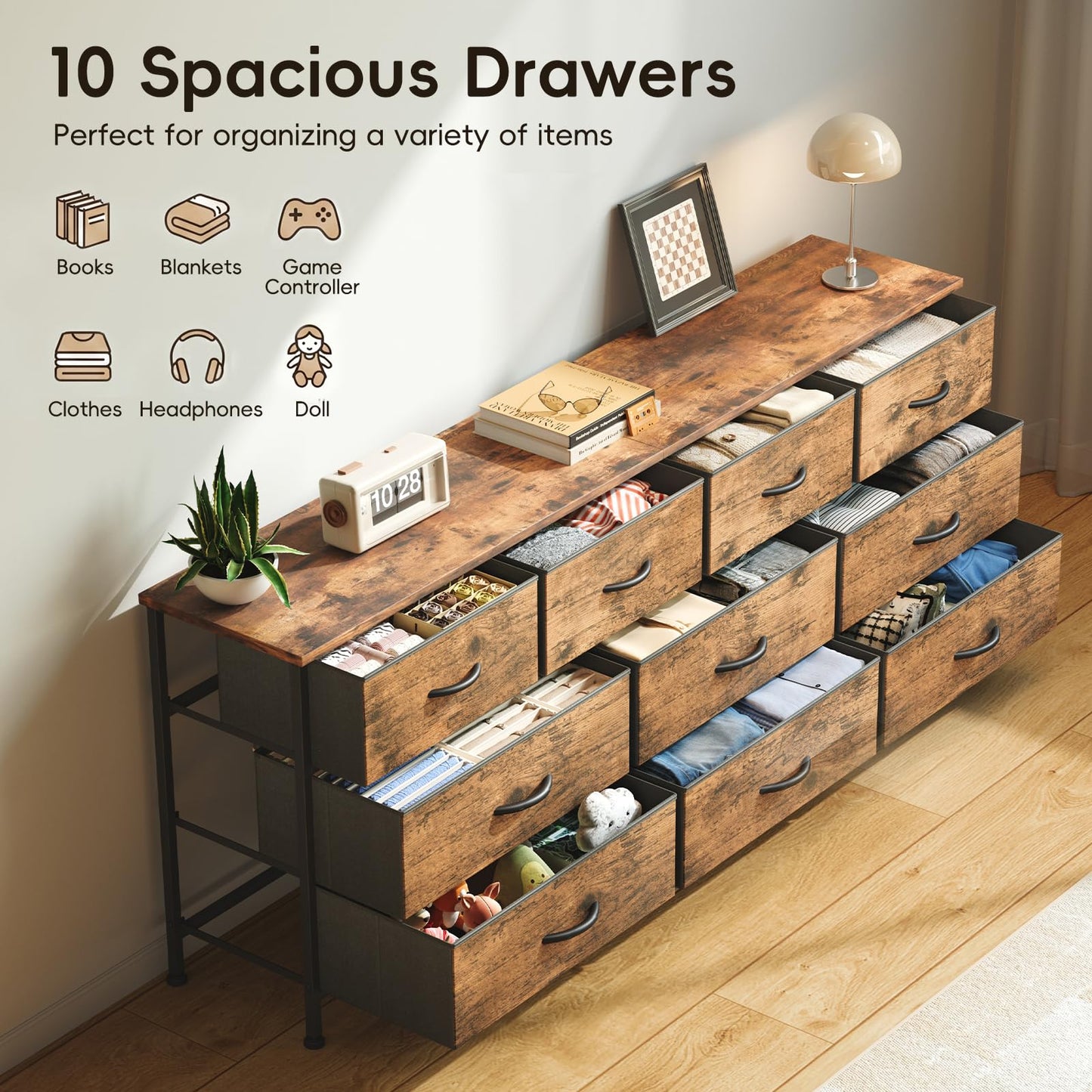 VERMESS Bedroom Dresser & Chests of Drawers with 10 Fabric Drawers, TV Stand Cabinet Unit for 65", 70" TV, Dresser Storage Organizer