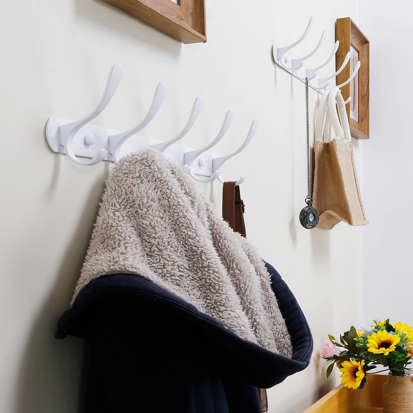 SKOLOO Modern Metal Coat Rack Wall Mount with 5 Hooks, Pack of 2, Sturdy Wall Coat Hooks for Hanging Coats, Jacket, Clothes, Hat, White