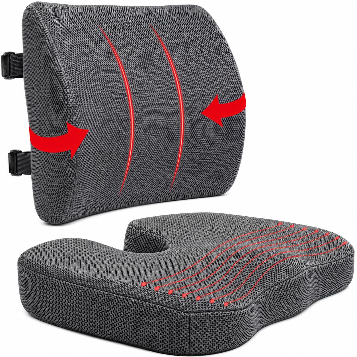 ELIXIR HIVE 2-Piece Orthopaedic Memory Foam Cushion Set – Coccyx & Sciatica Support (Grey)