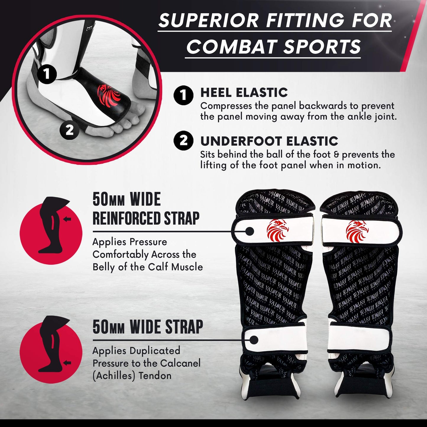 Valour Strike Shin Guards for Kickboxing Muay Thai MMA Karate Martial Arts Taekwondo or Kick Boxing | Sparring Pads to Guard Leg Foot & Instep |