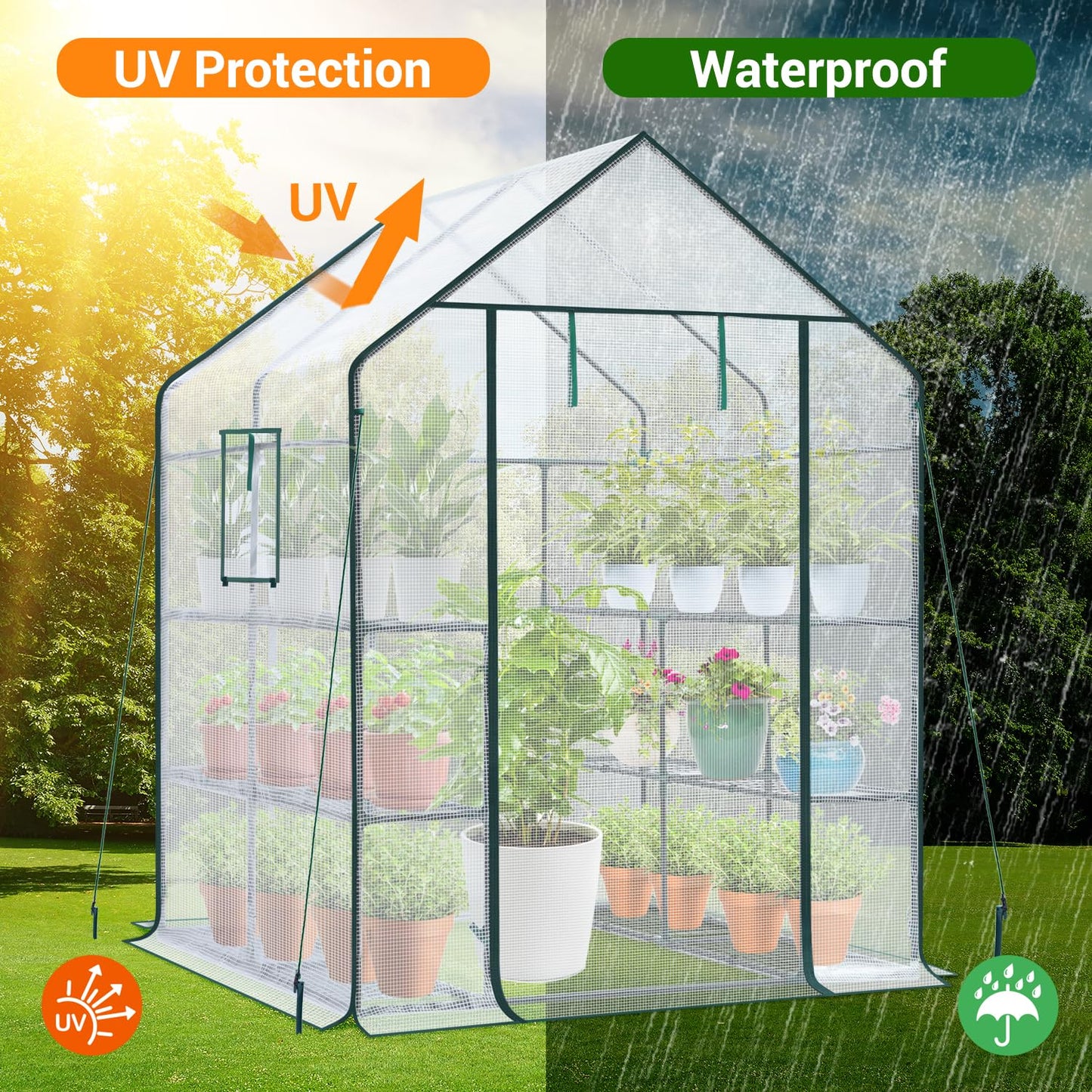 Ohuhu Plastic Greenhouse with Improved PE Cover, Portable Walk in Plant Green House, 3 Tiers 12 Shelves Stands Small Greenhouses Backyard Green Houses