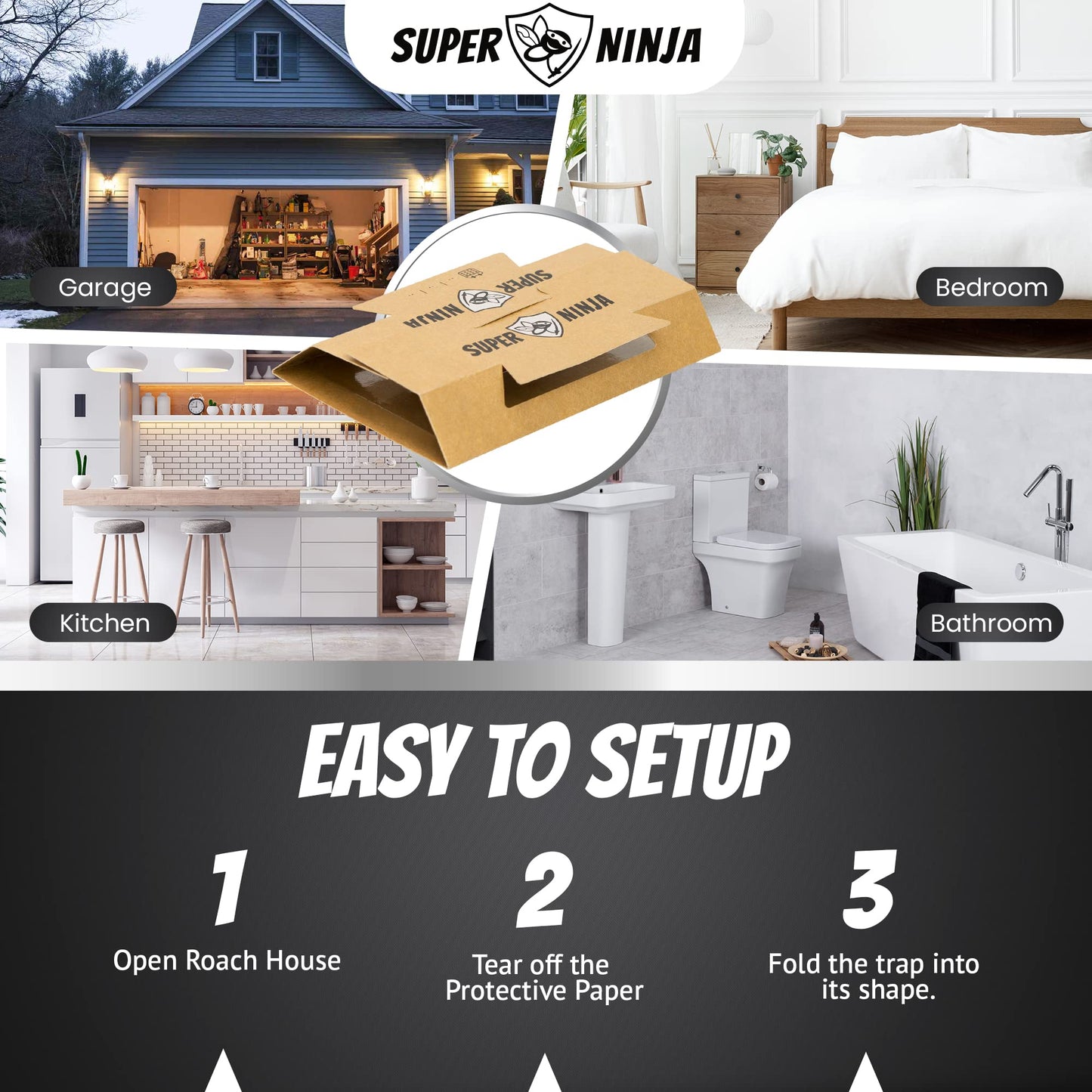 Super Ninja Cockroaches Killer - 60 Traps - Highly Effective and Ecological Cockroach Trap - User Friendly - Up to 3 Months per Trap