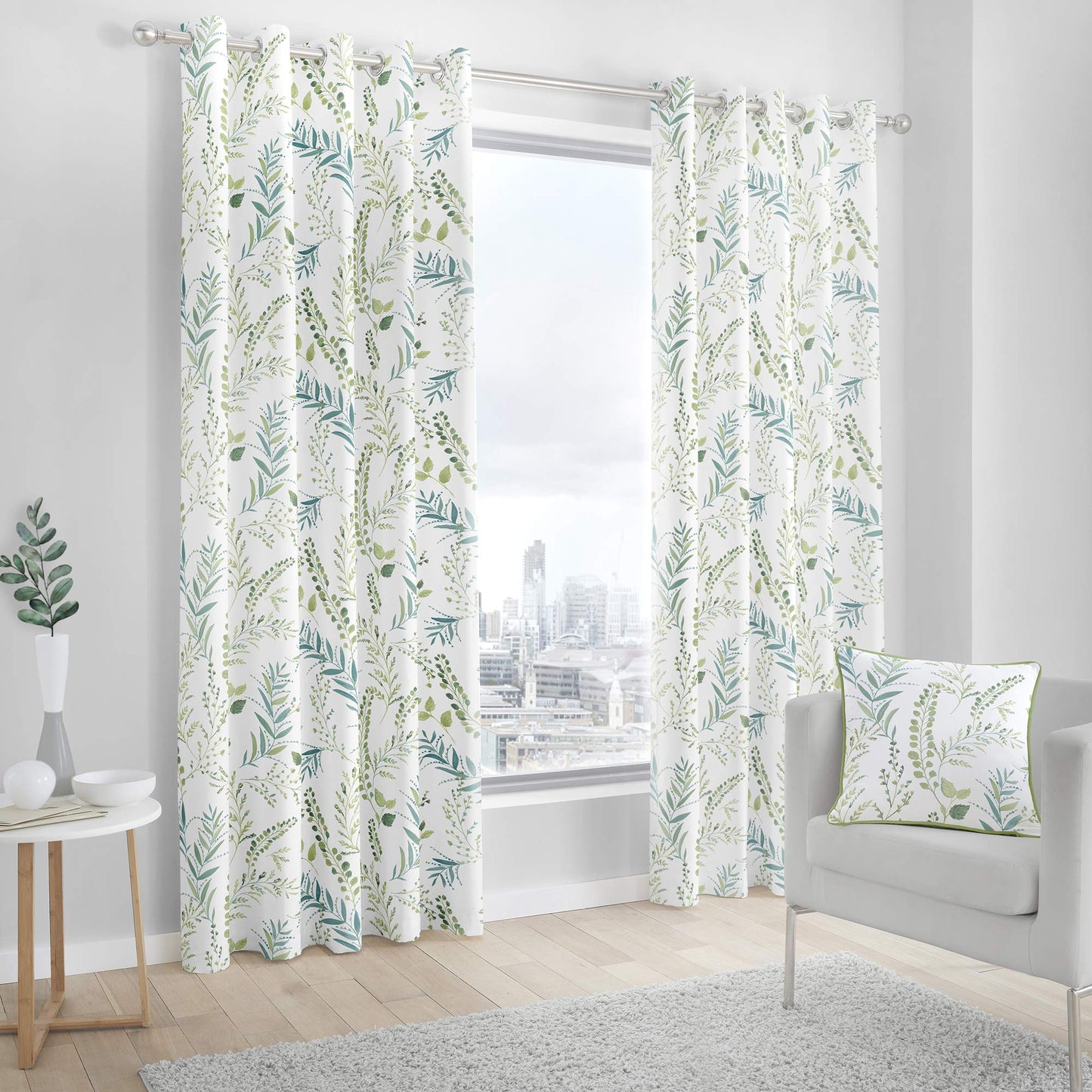 Fusion Fernworthy Leaf Print 100% Cotton Eyelet Lined Curtains, Green, 90 x 90 Inch, 52% Polyester / 48%, W229cm (90") x D229cm (90")