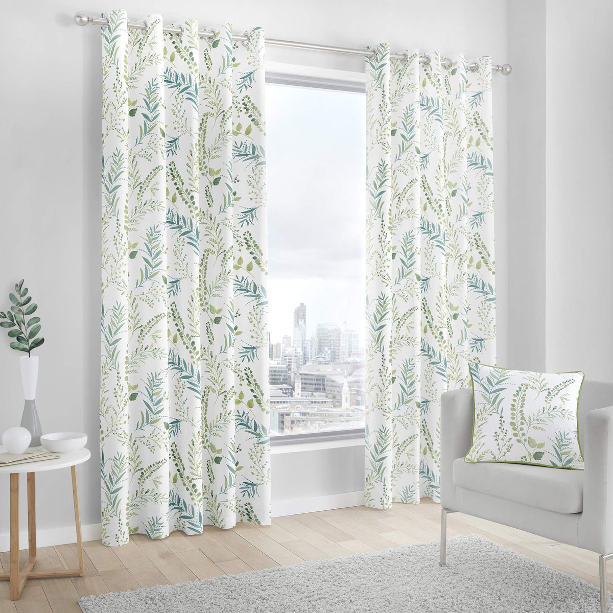 Fusion Fernworthy Leaf Print 100% Cotton Eyelet Lined Curtains, Green, 90 x 72 Inch, Polyester, W229cm (90") x D183cm (72")