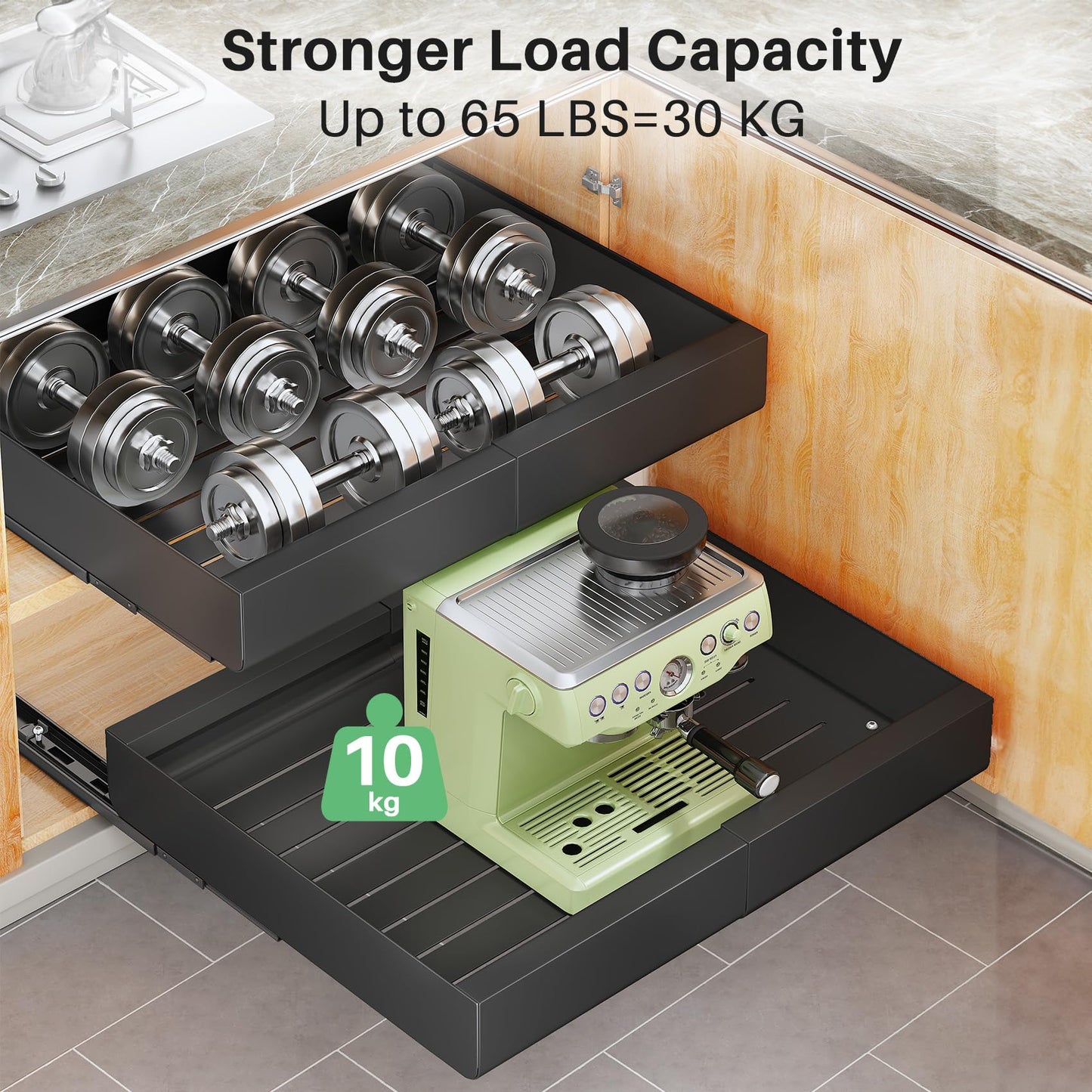 Kitstorack Pull Out Cabinet Organiser, Extendable Slide Out Drawer Storage Shelves for Kitchen Cupboard with Adhesive Film, Roll-Out Sliding Drawer