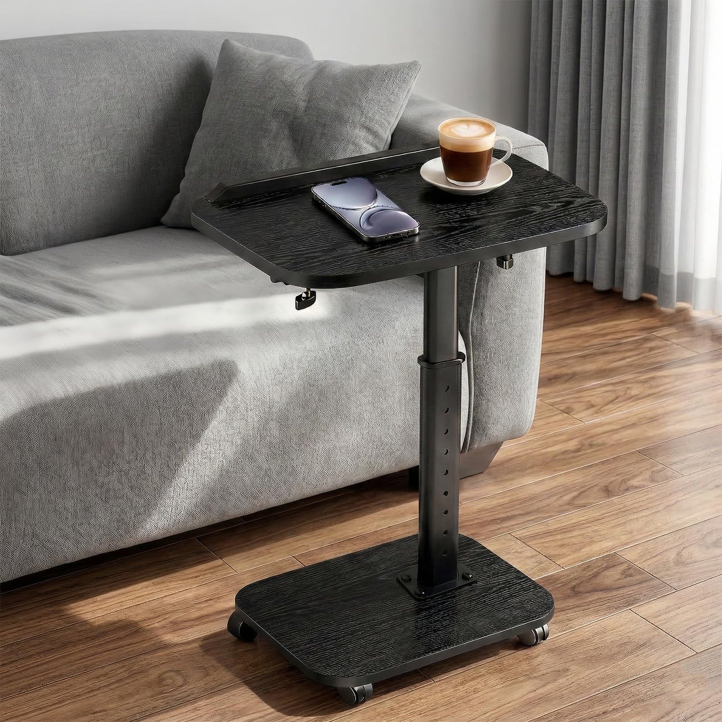 Lubeau Adjustable Side Table with Wheels, C Shaped Side Table Adjustable Height 180° Flip-Over Panel Design, End Table with Phone/Tablet Slot