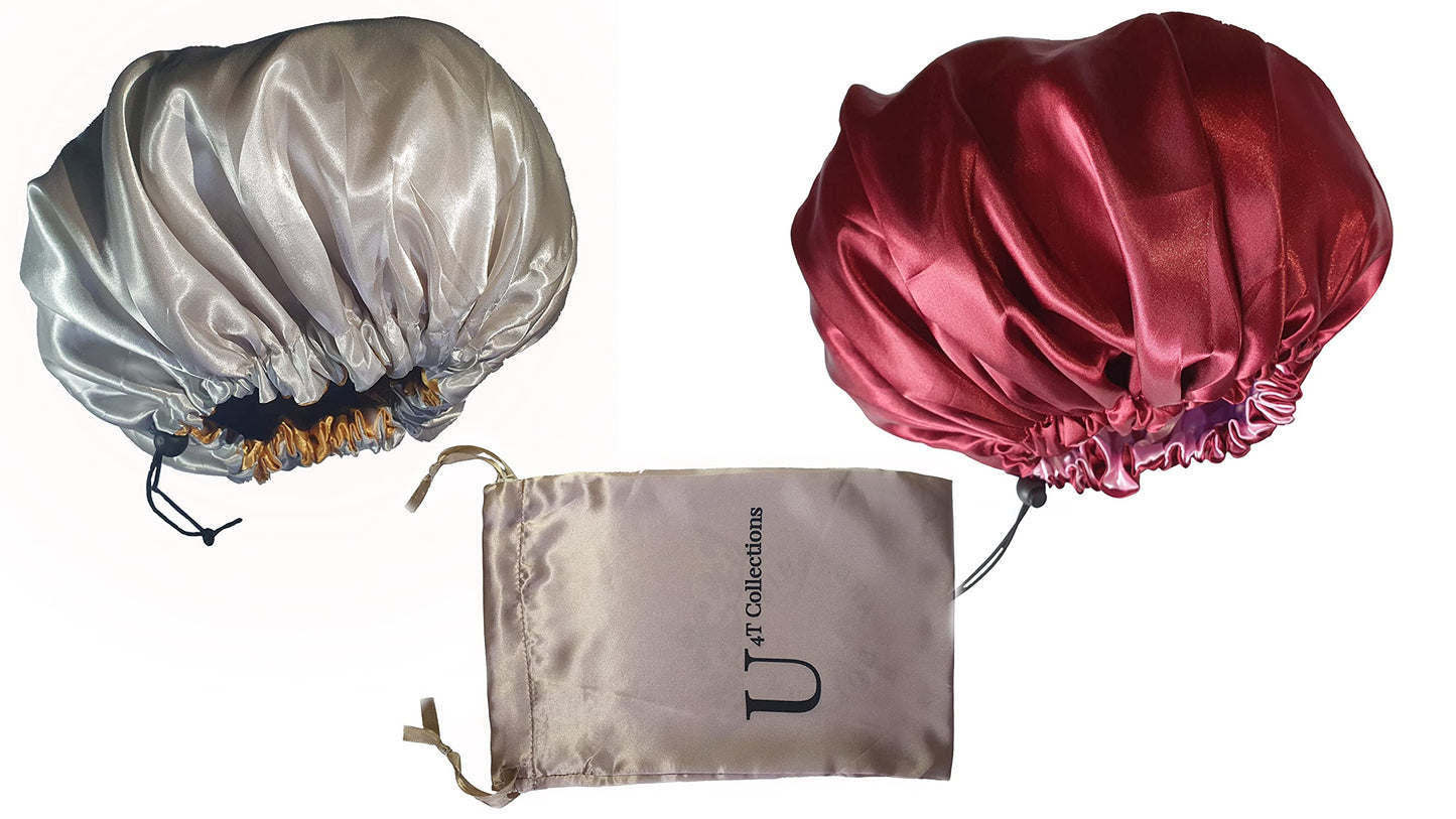 U4T Silk Bonnet for Sleeping; Experience Hair Care with Satin Bonnet Set, Perfect as curly hair products? Includes Hair bonnet (2 pack and Pouch)