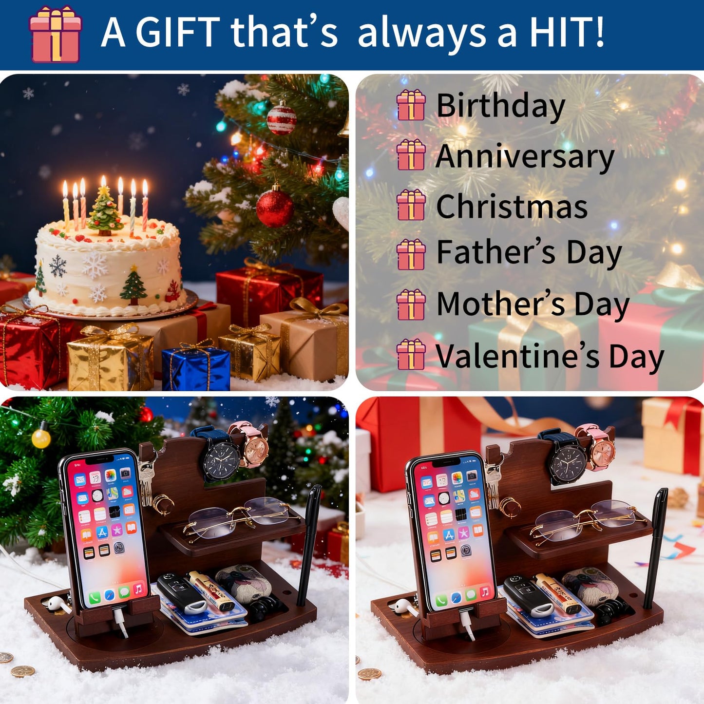 ELEVAT Gift Ideas Men Christmas Wooden Docking Station Desk Organizer Fathers Gifts Anniversary Men Birthday Gifts for Him Valentine Christmas Gift