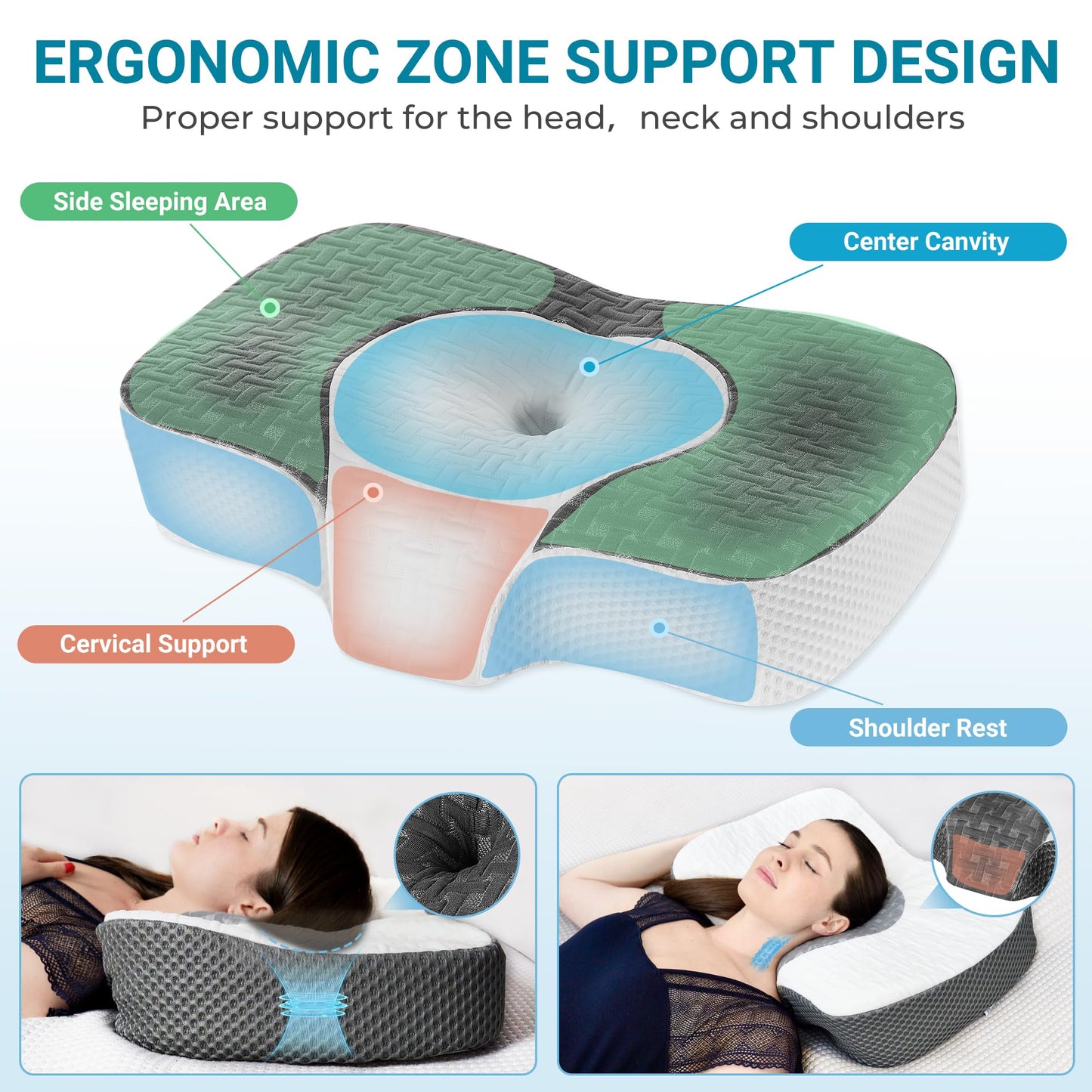 Elviros Cervical Memory Foam Neck Pillow for Side Sleeping, Orthopedic Pillows for Back and Stomach Sleepers, Adjustable Ergonomic Bed Pillow Pain