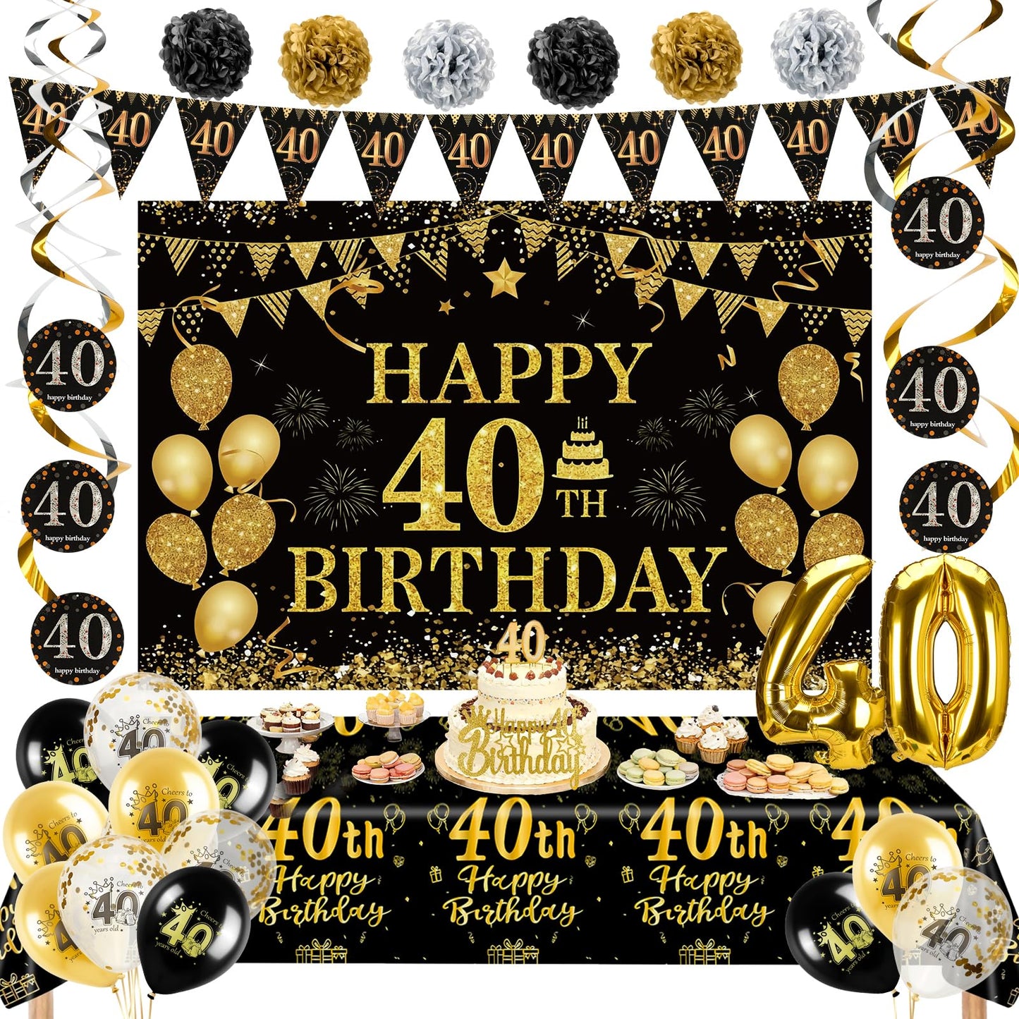 40th Birthday Decorations for Men Women, Black Gold Party Backdrop Happy 40th Birthday Decoration Set with Banner Number Foil Balloon Tablecloth Cake