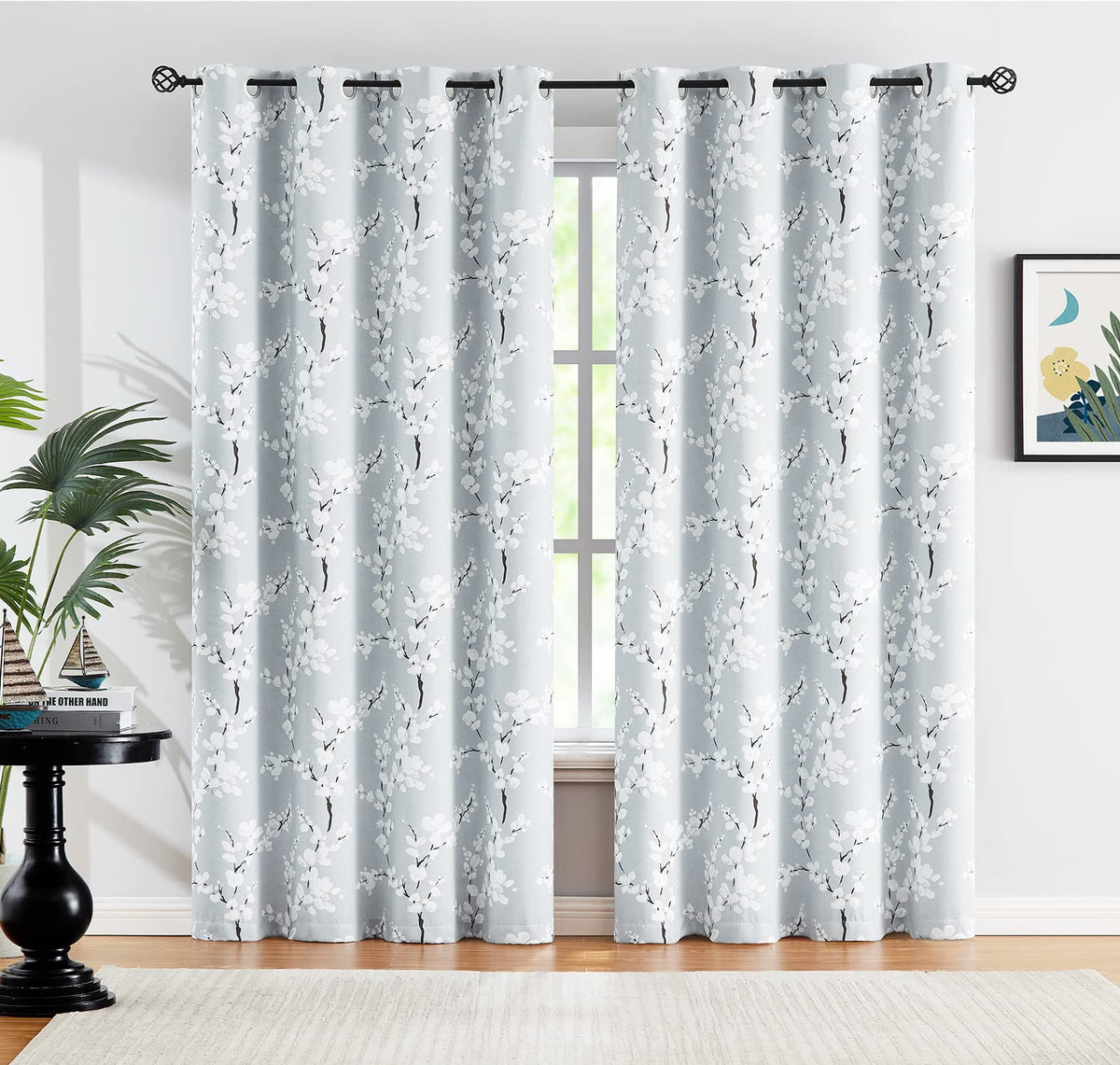 Fmfunctex Grey Floral Blackout Curtains for Bedroom 90 inch Drop Eyelet Curtains for Living Room Nursary Blossom Thermal Insulated Window Curtain