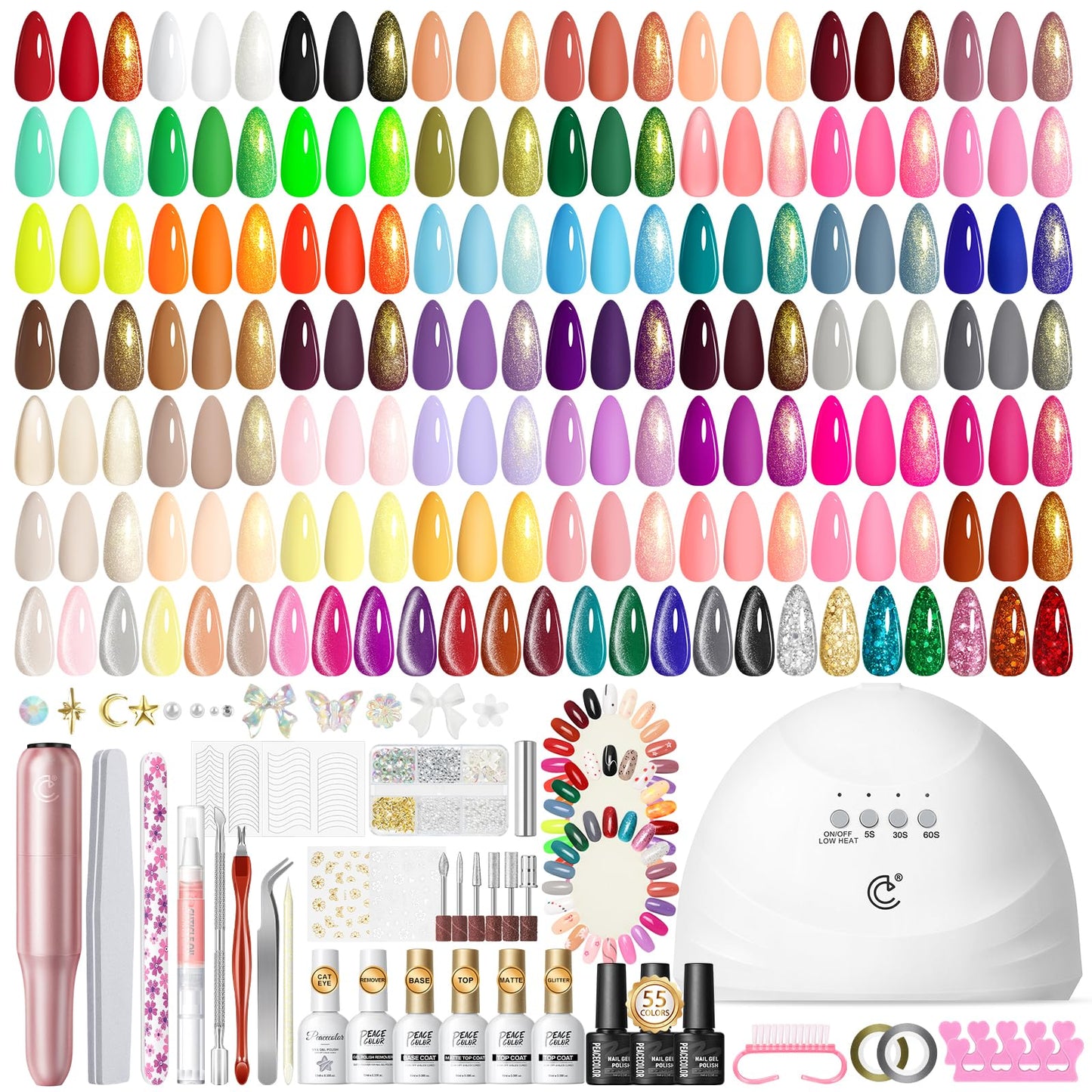 Peacecolor 83Pcs Gel Nail Kit with U V Lamp and Drill, 56 Colors Nail Polish Set Cat Eye Gel with Matte/Glossy Glitter Base Top Coat Soak Off Manicure