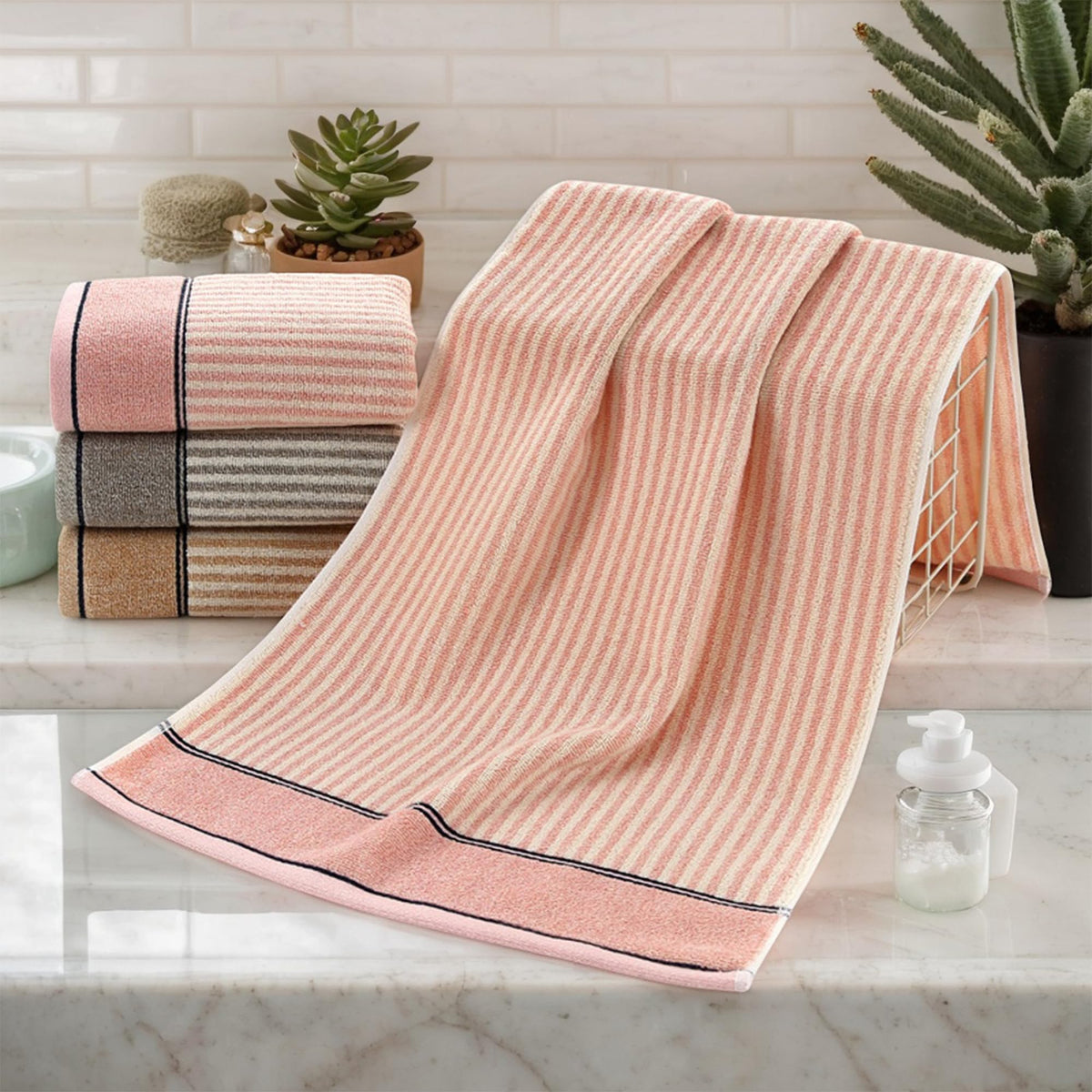 HMETOL Striped Cotton Soft Absorbent Decorative Bathroom Hand Towels