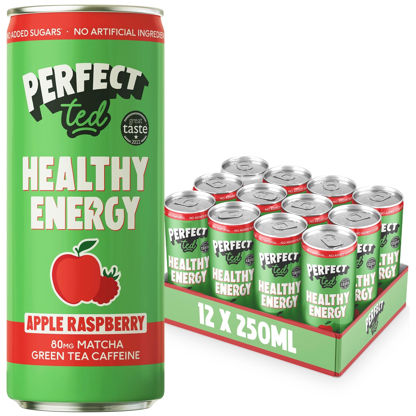 PerfectTed Apple Raspberry Healthy Energy Drink, 12 x 250ml Cans, All-Natural Green Tea Caffeine (80mg) & L-Theanine | Low Calorie (30KCAL) | Vegan |
