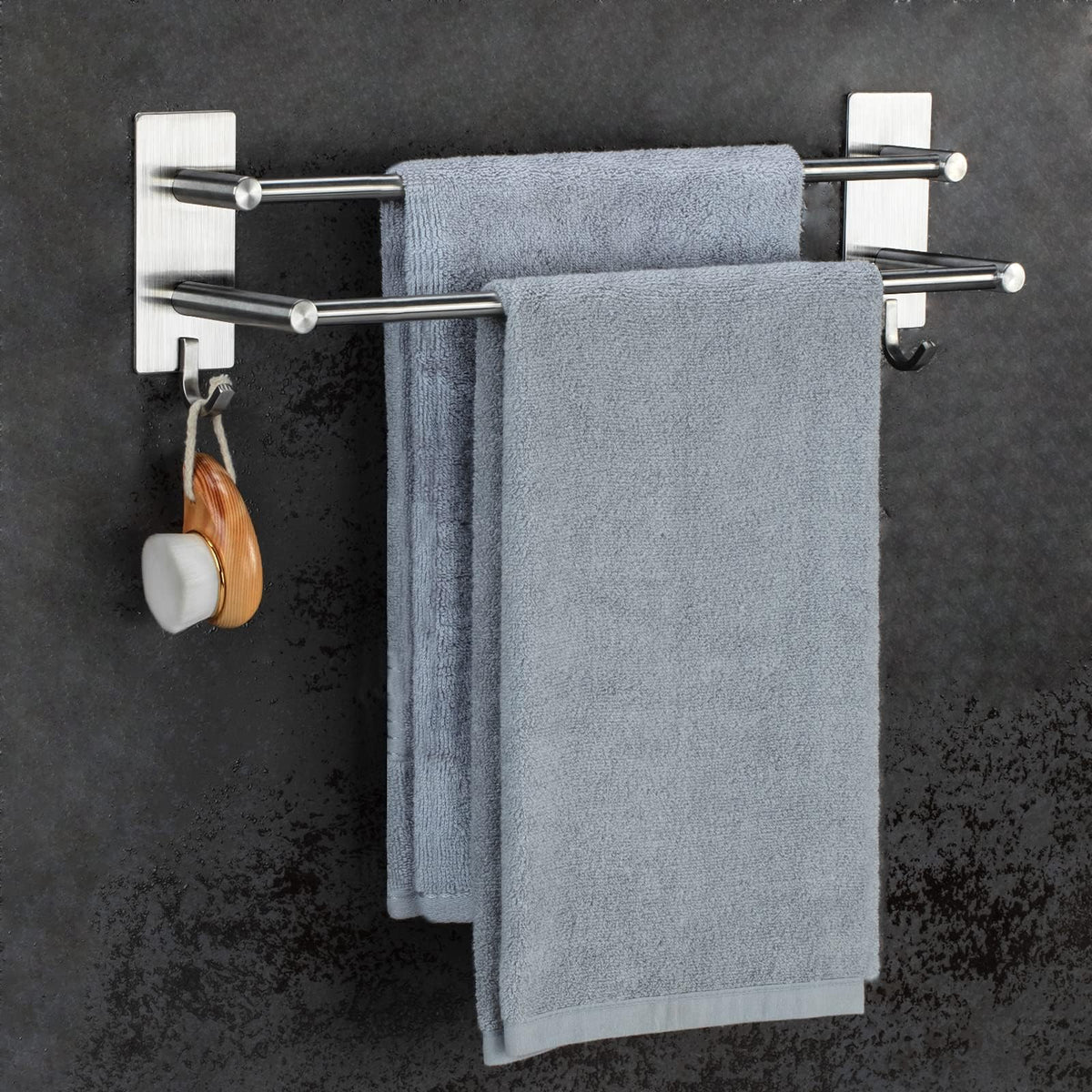 JS Towel Rail Self Adhesive Towel Holder Hanger SUS304 Stainless Steel Towel Rack 43.5cm/17.1 inch Anti-rust Dual Rod Towel Shelf Bar with 2 Hooks