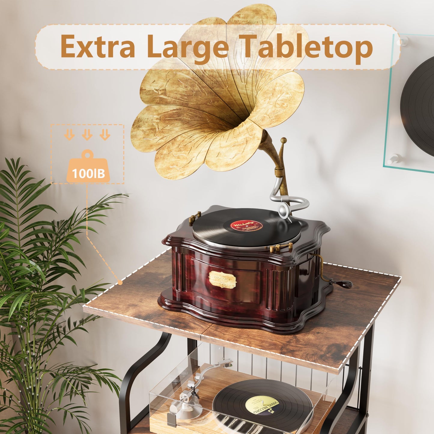 FANNYE Record Player Stand, 3-Tier Record Player Table, Vinyl Record Storage with Extra-Large Desktop, Turntable Stand End Table for Vinyl Record