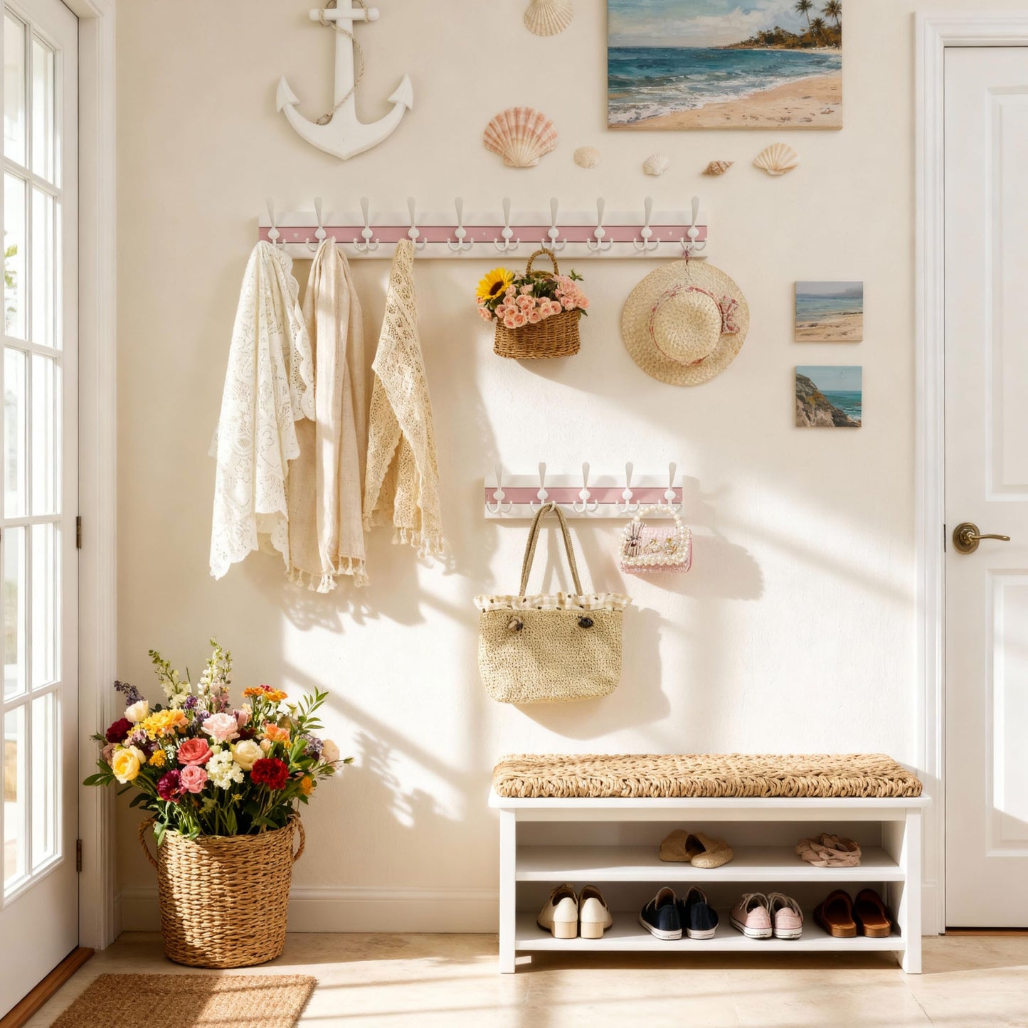SKOLOO Coastal Wall Mounted Coat Rack - 38-1/8" Beach House Entryway Wooden Coat Hook with 10 Hooks for Hanging Coats, Hats or Towels