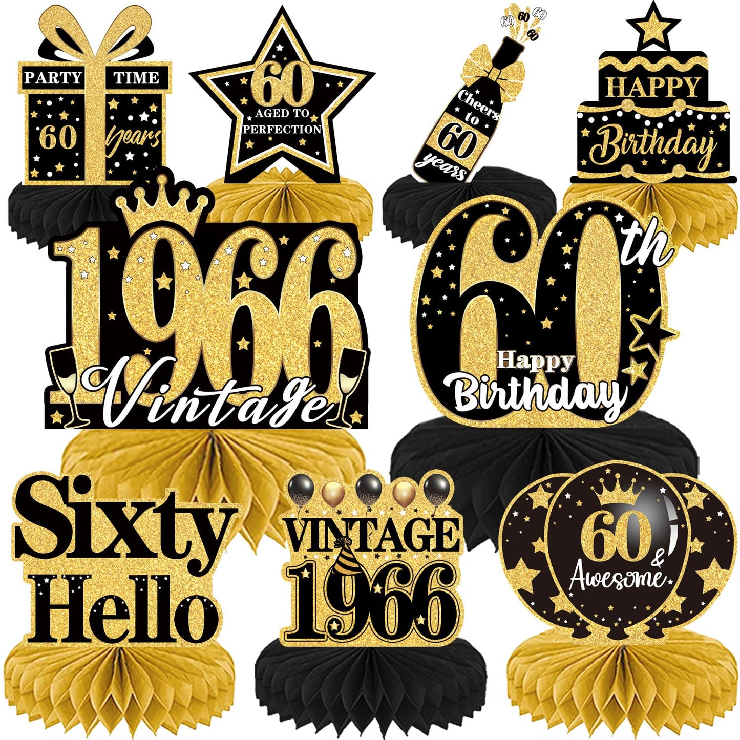 Luvart 60th Birthday Decorations - 9pcs 60th Birthday Decorations for Men Black and Gold Table Decorations for Birthday Party Men Women Honeycomb Decs