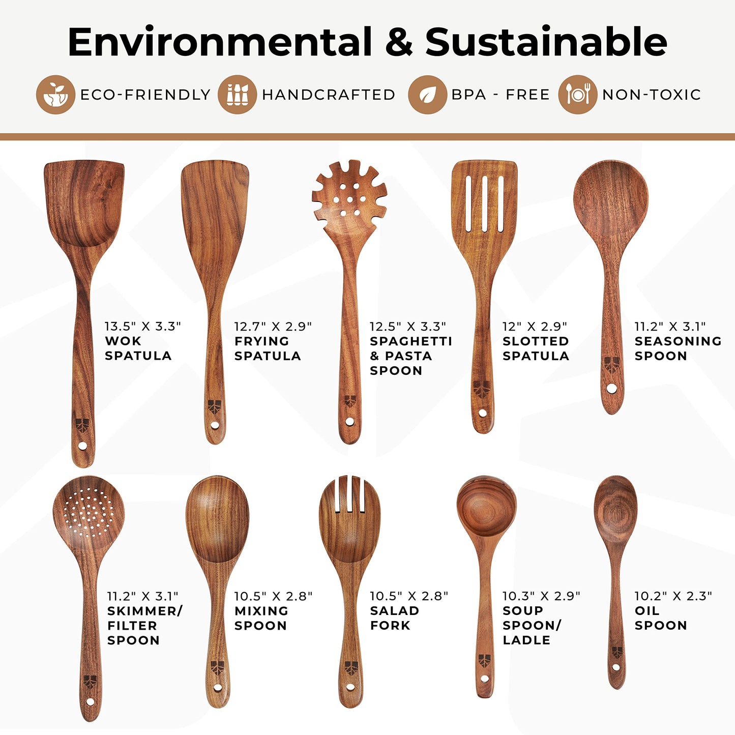 Wooden Spoons for Cooking, 10 Pcs Teak Wood Cooking Utensil Set - Wooden Kitchen Utensils for Nonstick Pans & Cookware - Study, Lightweight & Heat