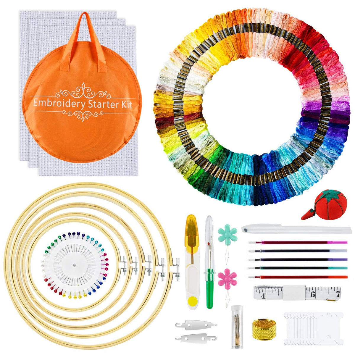 Embroidery Kit,AUERVO Cross Stitch Kits with 120 Skeins Embroidery Threads,5 Bamboo Embroidery Hoops,3 Pcs Aida Cloth,40 Sewing Pins,Starter Kit with