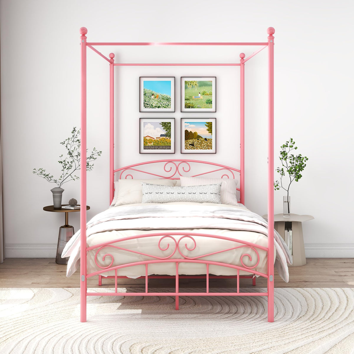 ARFARLY Canopy Bed Frame Double Bed Metal Bed Frame Slatted Frame Bedroom Furniture Double Bed Pink 120 x 200 cm