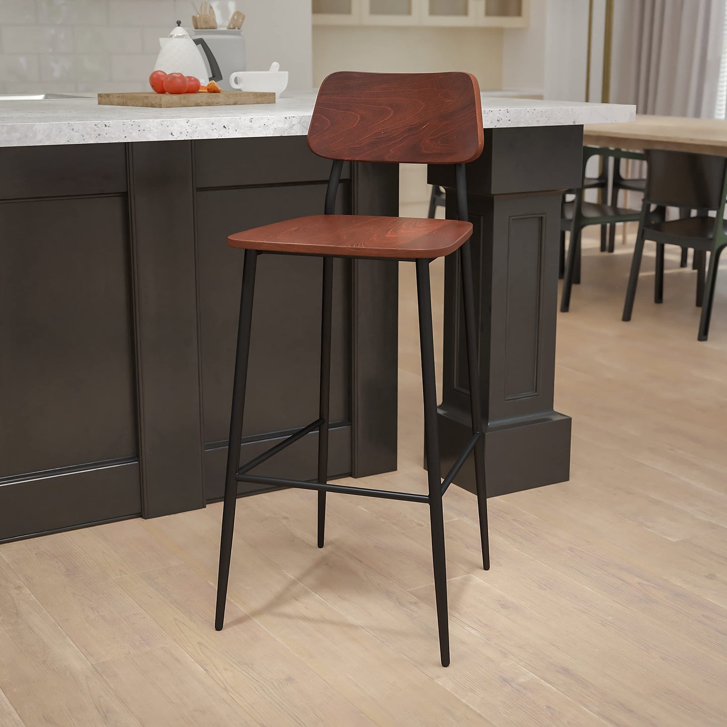 Flash Furniture Lincoln Industrial Barstool with Gunmetal Steel Frame and Rustic Wood Seat, Mahogany