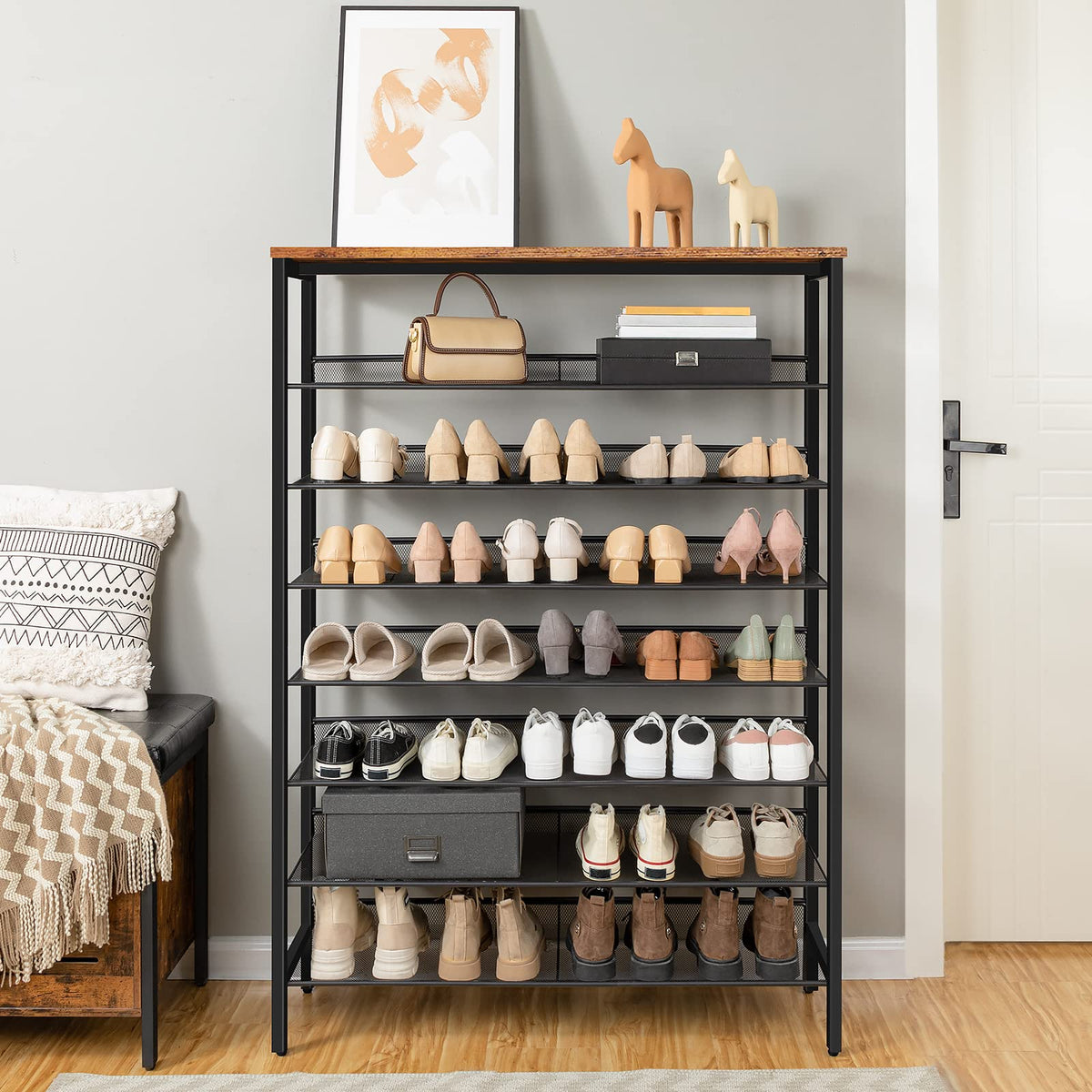 HOOBRO Tall Shoe Rack, Large Capacity Shoe Storage, Tall Shoe Shelf for 28-35 Pairs of Shoes, 100cm, Shoe Organizers Storage Unit with Flat or Slant