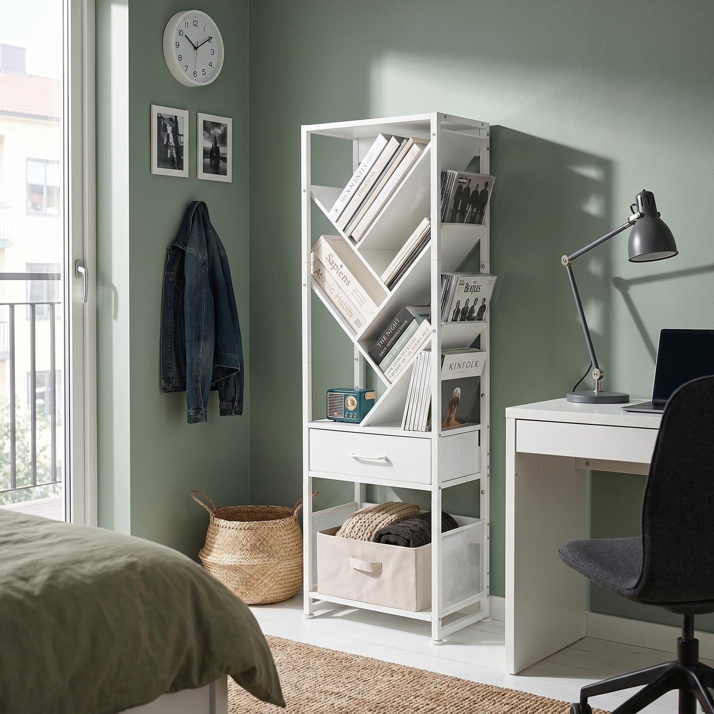 ruboka Tree Bookshelf with Side Table, Tall Bookcase with Storage Cabinet, Floor Standing Modern Narrow Bookshelves Organizer for Bedroom/Living