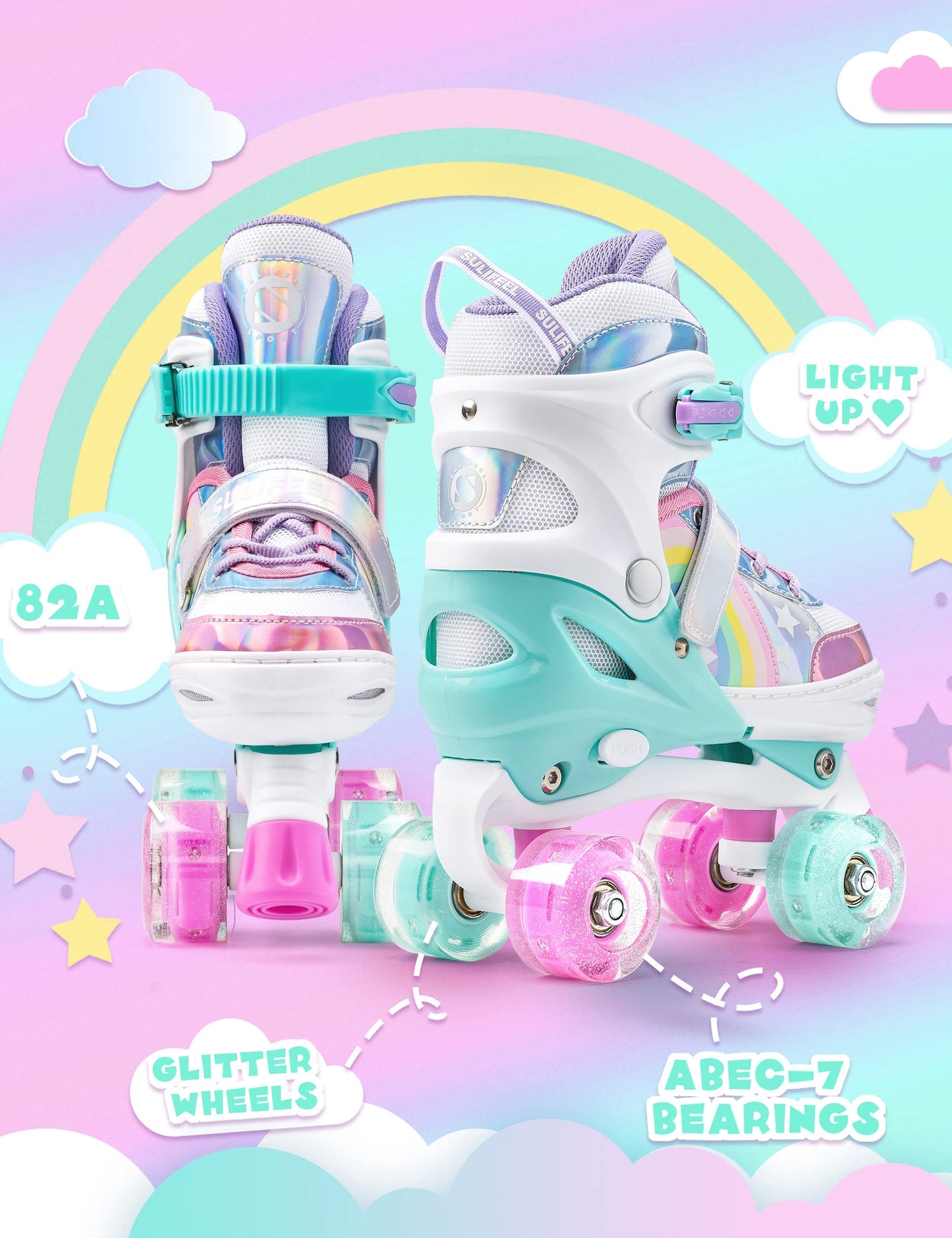 SULIFEEL Rainbow Unicorn 4 Size Adjustable Light up Roller Skates for Girls Boys for Kids - Small 9C-12C UK