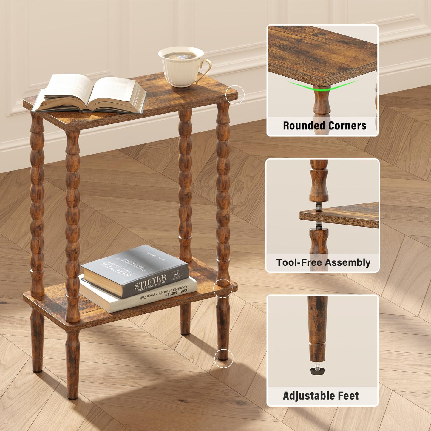 TUTOTAK Narrow Side Table, 2-Tier Small End Table with Storage, Slim Skinny Nightstand for Small Spaces, Living Room, Bedrooms